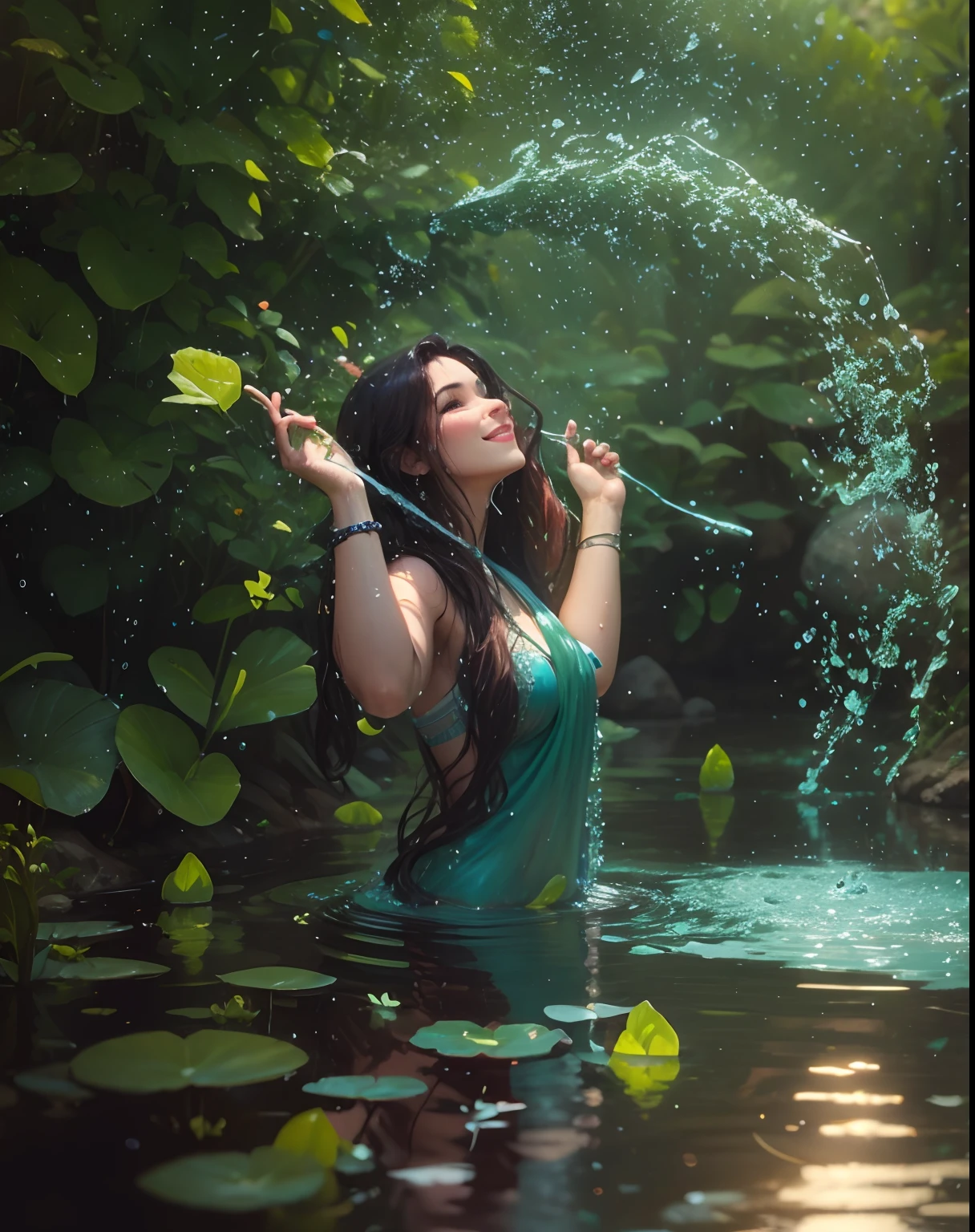 Good best quality,Realistic face,8k,a beautiful lady in water,smiling,some water plant near her,colour mix,