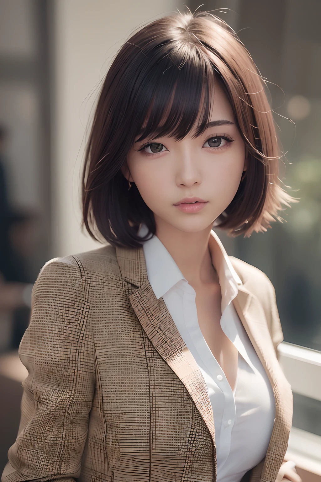 (hight resolution:1.3), (in 8K, Photorealsitic, Raw photography, Top image quality: 1.4), japanes, (1girl in), beauitful face, (Lifelike face), (A dark-haired、a short bob:1.3), Beautiful hairstyle, realisticeyes, beautiful finely detailed eyes, (real looking skin), Beautiful skins, enticing, 超A high resolution, A hyper-realistic, high detailing, the golden ratio, plein air、OL Suit、a secretary、White shirt、Tight black miniskirt、s Office、full body Esbian、big eye、undergarment