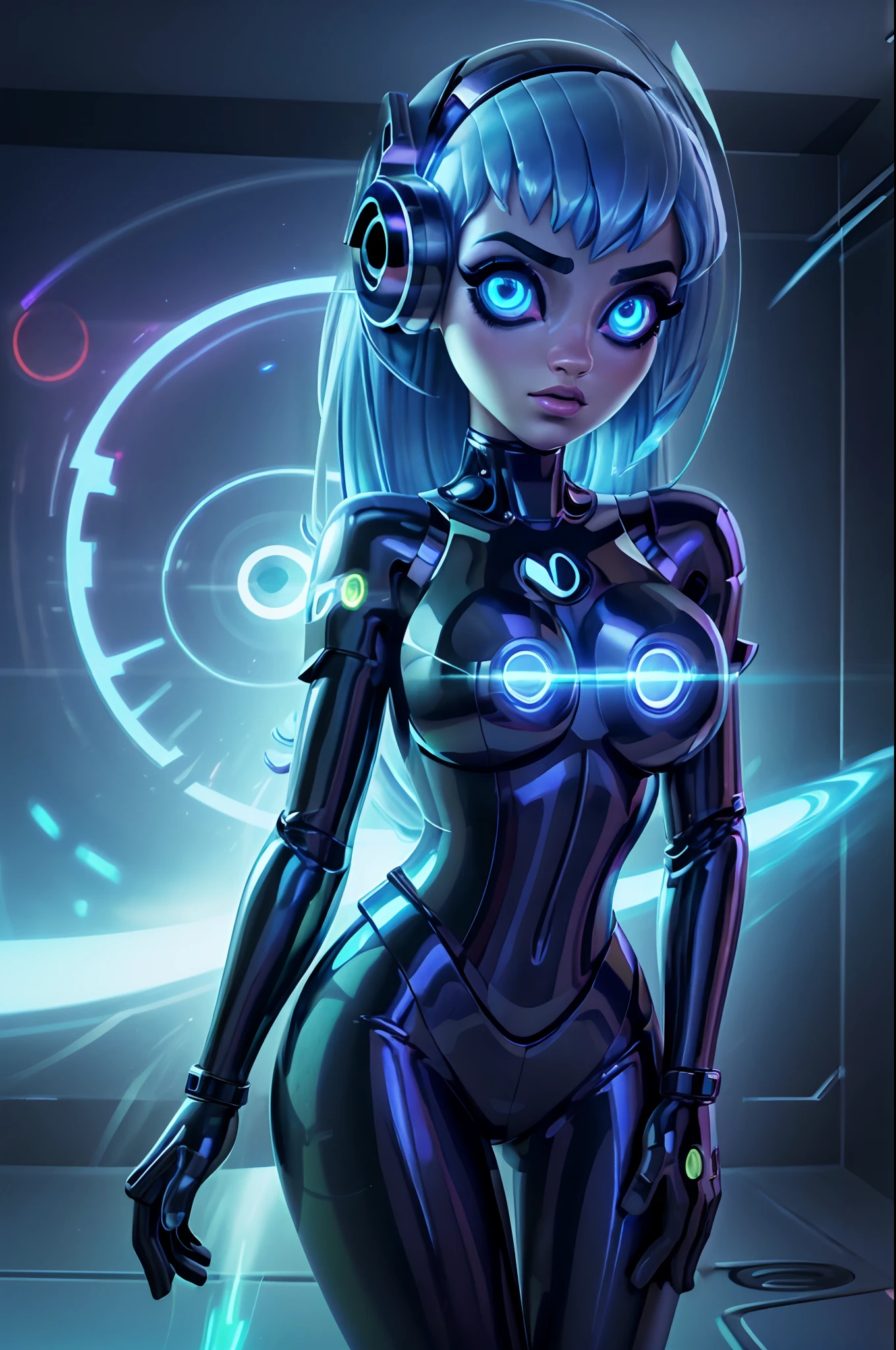 (best quality,ultra-detailed,realistic:1.37),Anthropomorphic beautiful-looking vinyl cyborg girl with cyber features, cyber vinyl decks, glowing eyes, and vinyl fashion,studio lighting,portraits,vivid colors,luminous atmosphere
