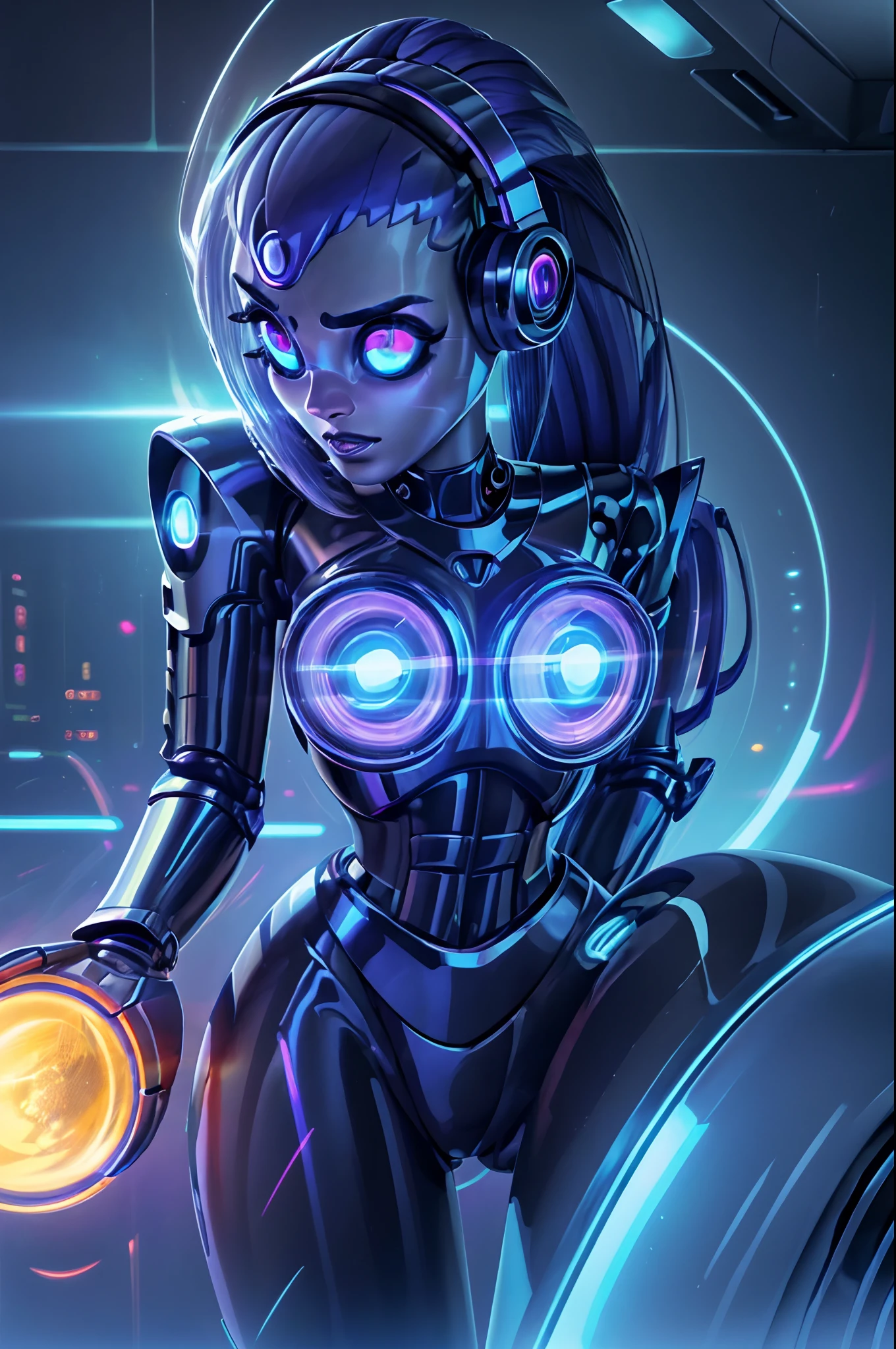 (best quality,ultra-detailed,realistic:1.37),Anthropomorphic beautiful-looking vinyl cyborg girl with cyber features, cyber vinyl decks, glowing eyes, and vinyl fashion,studio lighting,portraits,vivid colors,luminous atmosphere