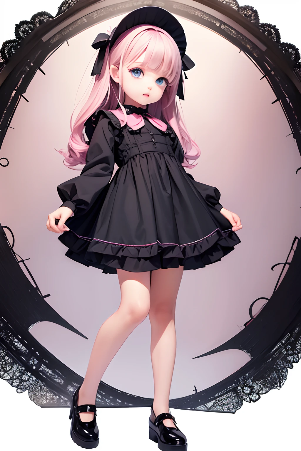 Child model Two-dimensional Front full body cute Big eyes Fluffy hair Delicate facial features Round face Gothic style uniform Pink Front full body