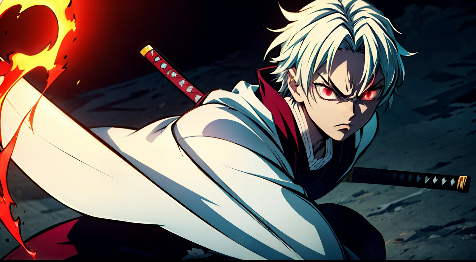 Anime Boy, Short hair, ((Hair of white and red color)), Red colored eyes, Big body, Strong body, Animeman Body, Wearing a red haori, Black Street Dress Style, Black pants, Angry face, holding a katana, combat pose, Samurai Pose, Sword Fire, background on fire, Ominous color palette, Vivid colors, Vibrant colors, Sharp Focus, Beautiful lighting, Realistic Shadows, Detailed lips, Detailed eyes, Glowing red eyes, Anime Art Style, Demon Slayer Art Style, 4K Masterpiece, Bokeh, nffsw, nffsw,