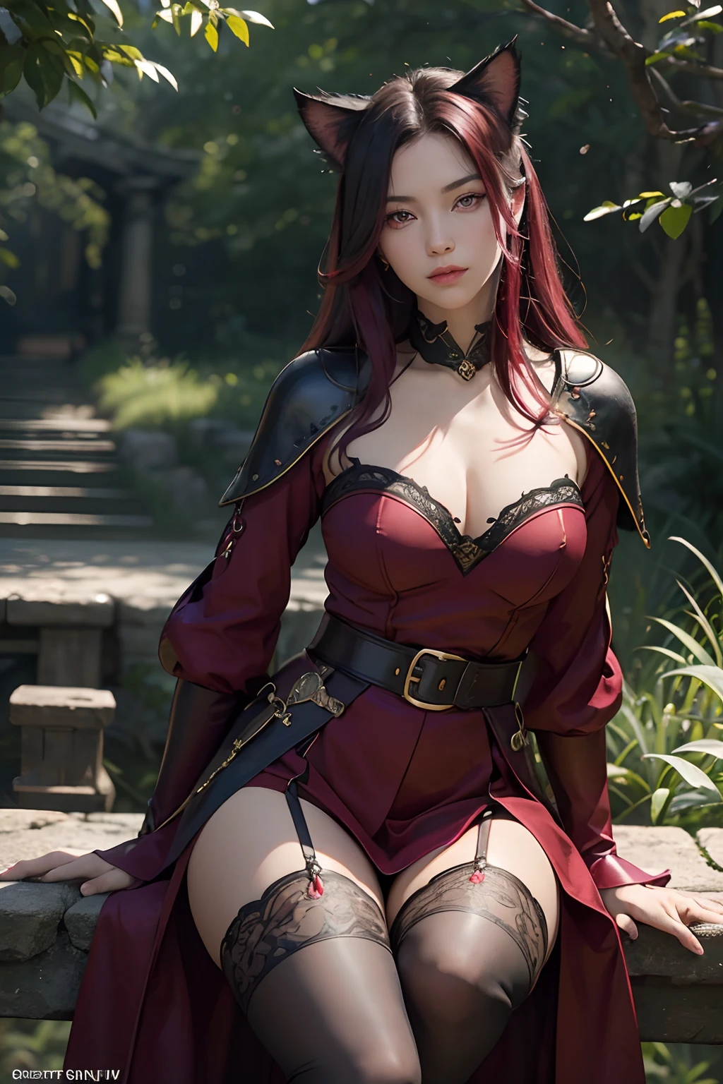 Realistic 3D anime style image of a dark-skinned woman wearing a long black hooded cloak ((covering her head up to her forehead)), ((cape and hood decorated with fine intricate details)), beautiful face, perfect beauty , detailed, symmetrical, two long strands of white hair on each side of the face, ((her blue eyes reflect the light of the stars)),(( beautiful eyes extremely  detailed)), (beautiful lips)( well detailed full lips), perfect body, voluptuous body ,(((large breasts))),(a round silver medallion (with fine intricate details) tied to a silver chain hanging on her chest),(((narrow waist))),(((wide hips))) , (((thick thighs))),(long-sleeved black (neckless) blouse), (qipao collar decorated with fine intricate details), (black gloves with cuffs) (decorated with fine intricate details), (short black skirt with a sash, (in the sash she wears a leather belt from which a silver dagger hangs), long black stockings covering her legs to the middle of her thighs, (black ankle boots with flaps up to the knee), ((decorated with fine intricate details)). walking through a forest of wisteria trees, near a beautiful lake with crystal clear waters on a sunny day ((ground covered in beautiful red flowers)), high quality image,extremely detailed, masterpiece, 8k resolution,