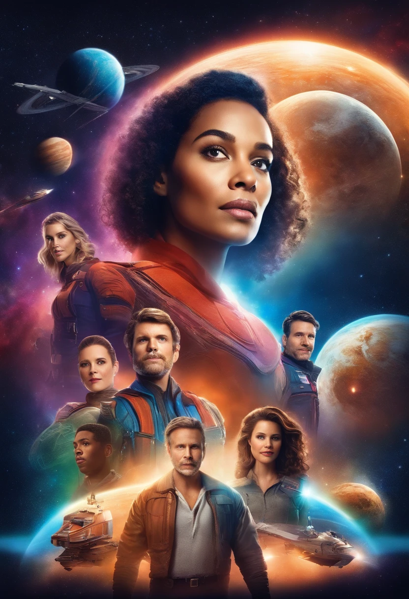 Create a cover photo for your podcast that reflects the theme "Space Adventure." In the cover photo, you can use an image of the three main characters - Sam, Lily and Ben - standing in front of the spaceship "Freedom Star," with multi-colored light and star background.

Use bright colors to express space and the beauty of the universe, and make sure that the characters stand out in the middle of that space. The cover photo should convey the fun and wonder of the cosmic journey and discovery.