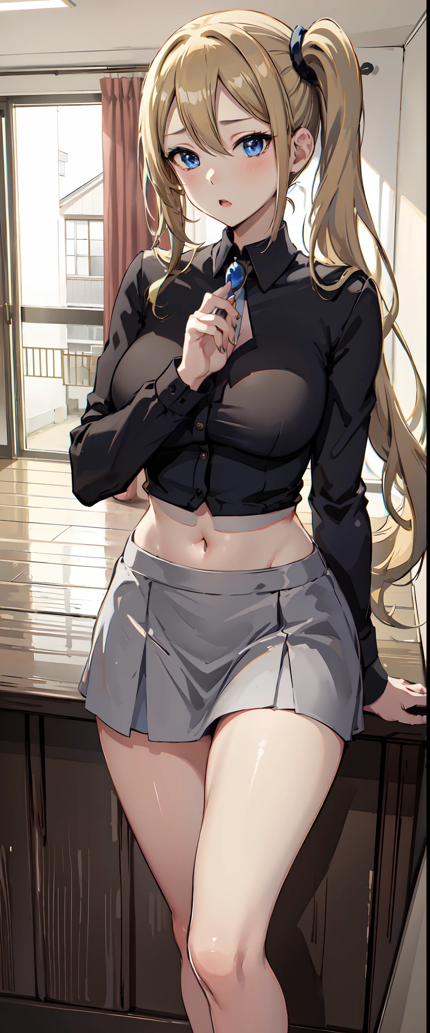 Hayasaka ai, high resolution, soft light, blue eyes, blonde hair, long hair, side ponytail, slim legs, navel, nipples, navel , short skirt, cleavage, slim waist, narrow waist, blushing