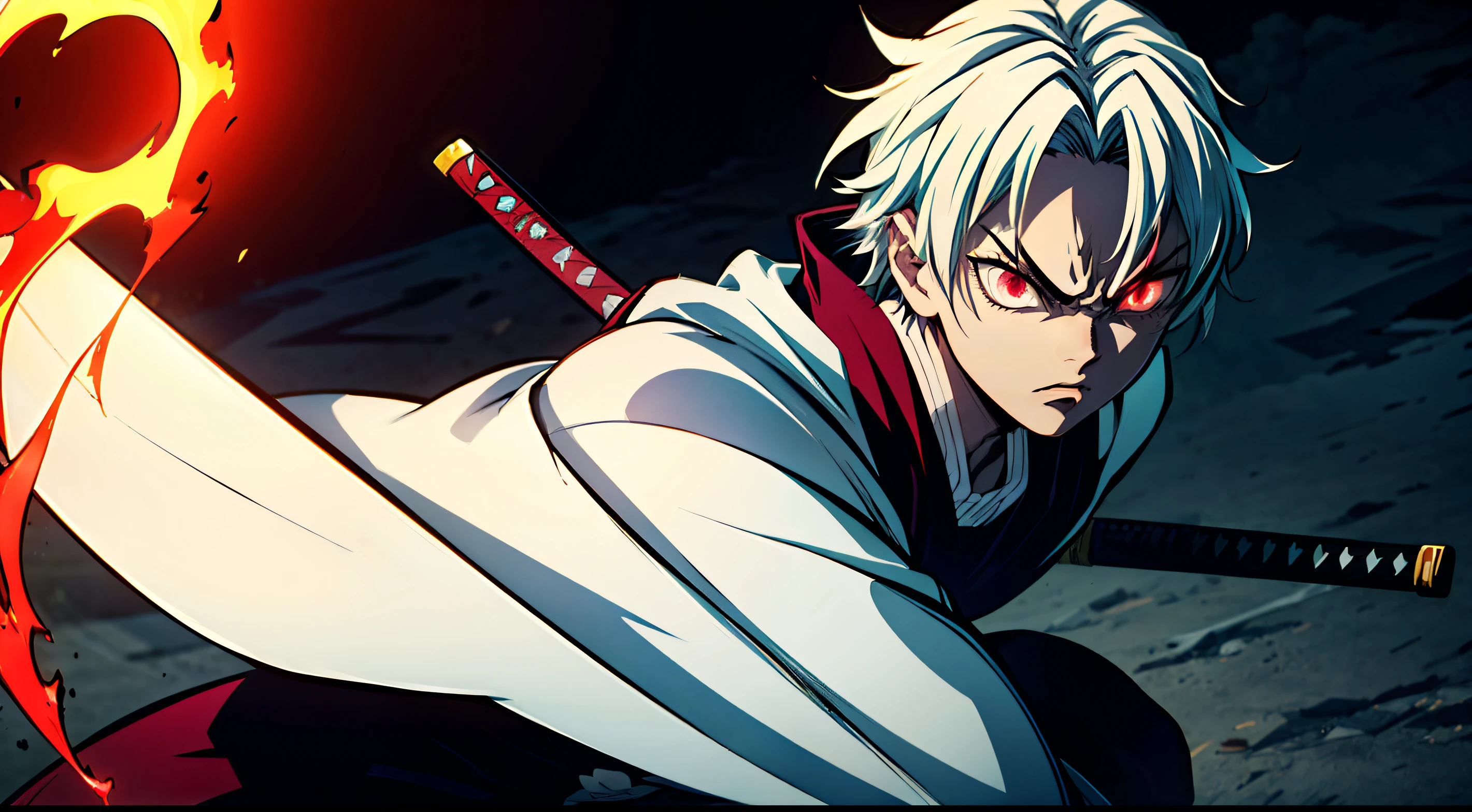 Anime Boy, Short hair, ((Hair of white and red color)), Red colored eyes, Big body, Strong body, Animeman Body, Wearing a red haori, Black Street Dress Style, Black pants, Angry face, holding a katana, combat pose, Samurai Pose, Sword Fire, background on fire, Ominous color palette, Vivid colors, Vibrant colors, Sharp Focus, Beautiful lighting, Realistic Shadows, Detailed lips, Detailed eyes, Glowing red eyes, Anime Art Style, Demon Slayer Art Style, 4K Masterpiece, Bokeh, nffsw, nffsw,