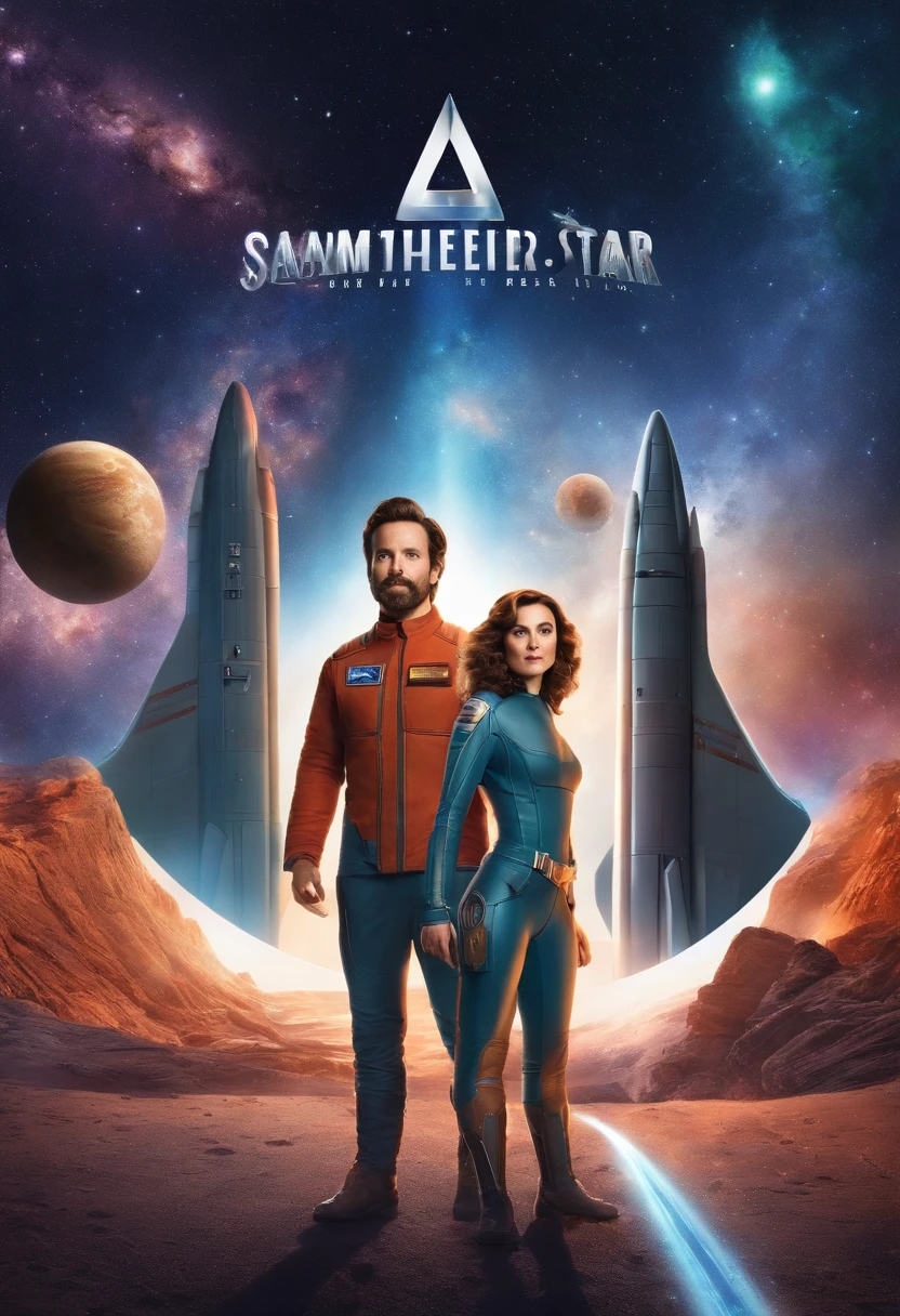Create a cover photo for your podcast that reflects the theme "Space Adventure." In the cover photo, you can use an image of the three main characters - Sam, Lily and Ben - standing in front of the spaceship "Freedom Star," with multi-colored light and star background.
Use bright colors to express space and the beauty of the universe, and make sure that the characters stand out in the middle of that space. The cover photo should convey the fun and wonder of the cosmic journey and discovery.