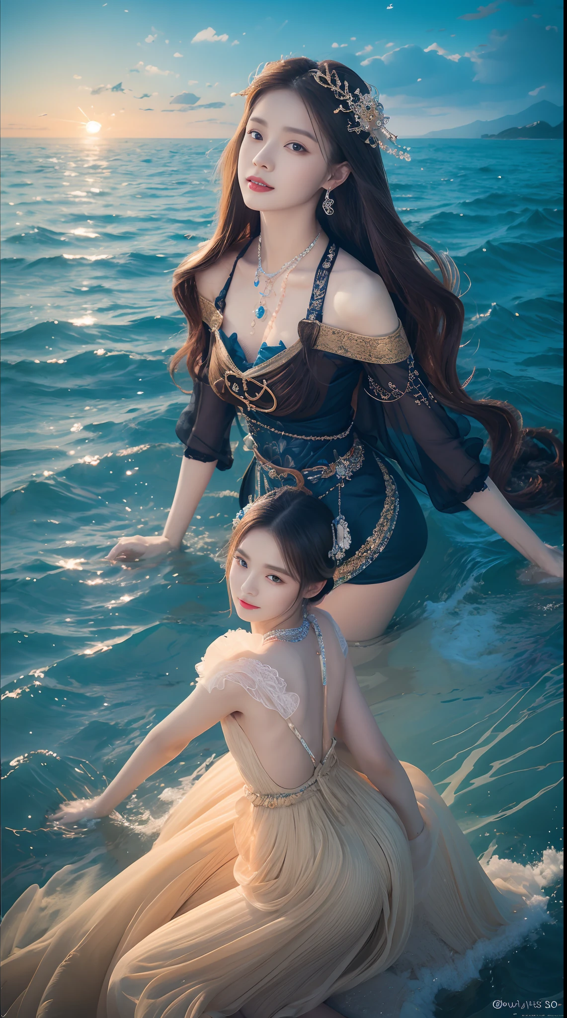 There was a woman sitting on the beach holding a clock, queen of the sea mu yanling, Beautiful digital artwork, 4k highly detailed digital art, a beautiful fantasy empress, 8K high quality detailed art, fantasy beautiful, by Yang J, beautiful gorgeous digital art, Guviz, Guviz-style artwork, beautiful fantasy art, Chinese fantasy