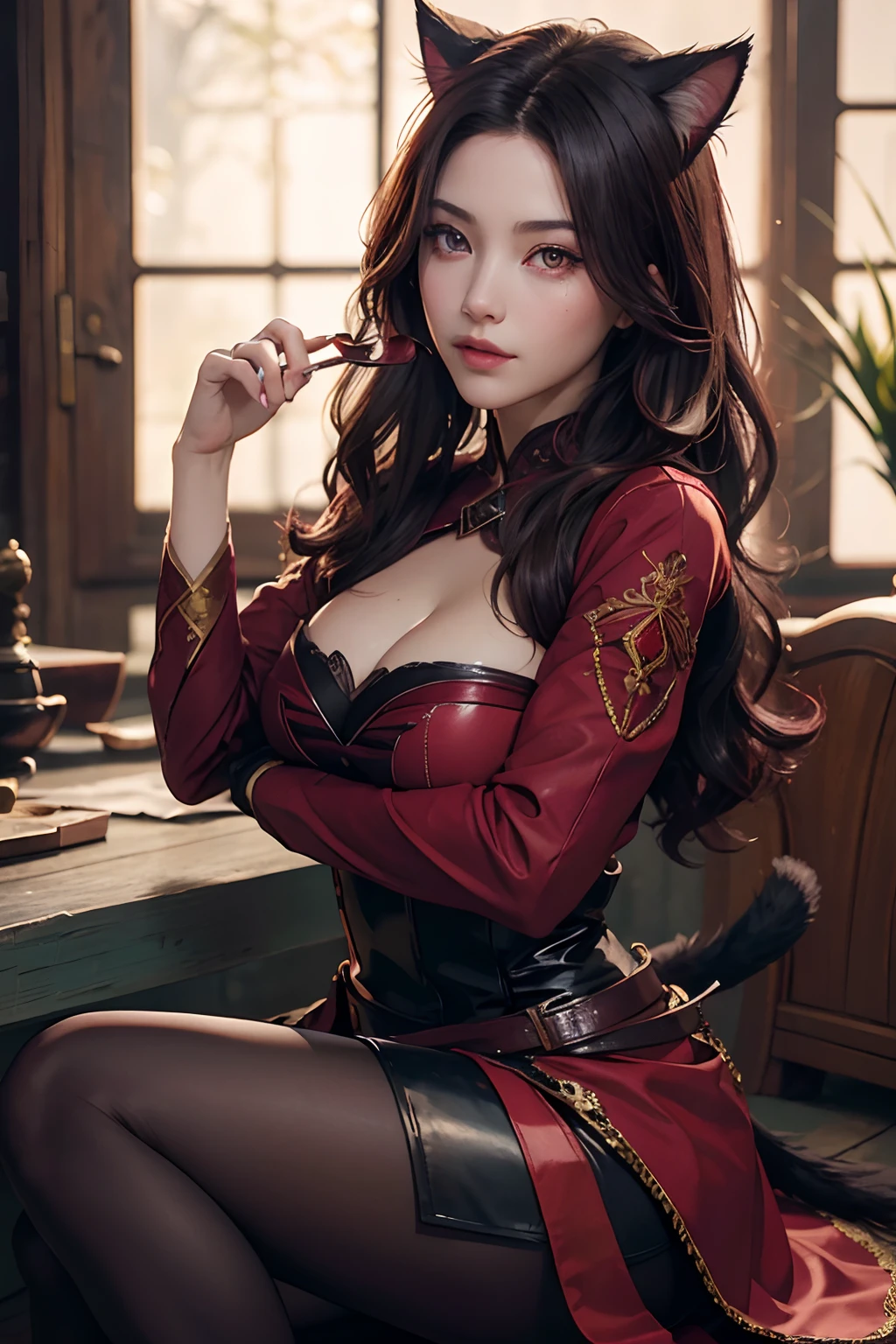 Best Quality, 超High Resolution, (Photorealistic:1.3), RAW photo, 1Ginshina, 30 years, fine details, ((Bright Red Eyes)), ((burgundy eye shadow)), Blue-black hair, cat ears, cat tail, Masterpiece, Resolute posture, Resolute posture, Posing, Adventurer's Costume, Adventurer's clothes, Long manicure, Fabric exposure, beautiful detail eyes, beautiful detailed lips, long eyelashes, Noble atmosphere, Royal Charisma, European face, Aryan face.
