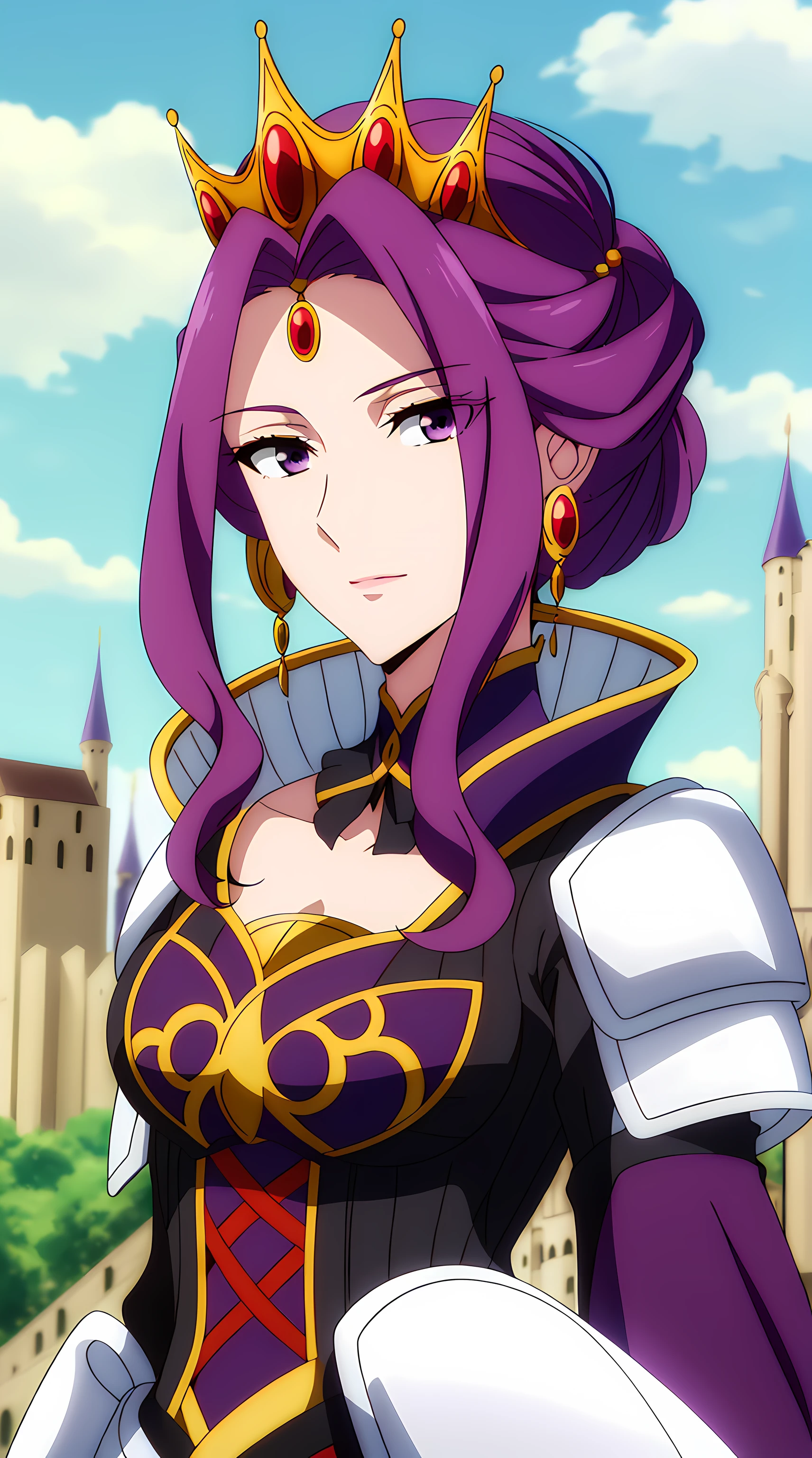 (Day:1.5),a castle with towers and towers on top of a hill with trees and clouds in the background and a blue sky, Standing at attention, purple and white outfit,armored dress,shoulder armor, armor,armored boots,  purple_hair, purple_eyes, jewelry, earrings, a crown on her head,  1 girl, 20yo,Young female,Beautiful Finger,Beautiful long legs,Beautiful body, Beautiful Nose,Beautiful character design, perfect eyes, perfect face,expressive eyes, looking at viewer, in the center of the image,(Upper_body),(Focus on her face), official art,extremely detailed CG unity 8k wallpaper, perfect lighting,Colorful, Bright_Front_face_Lighting,shiny skin, (masterpiece:1.0),(best_quality:1.0), ultra high res,4K,ultra-detailed, photography, 8K, HDR, highres, absurdres:1.2, Kodak portra 400, film grain, blurry background, bokeh:1.2, lens flare, (vibrant_color:1.2) (Beautiful,Breasts), (beautiful_face:1.5),(narrow_waist), full body