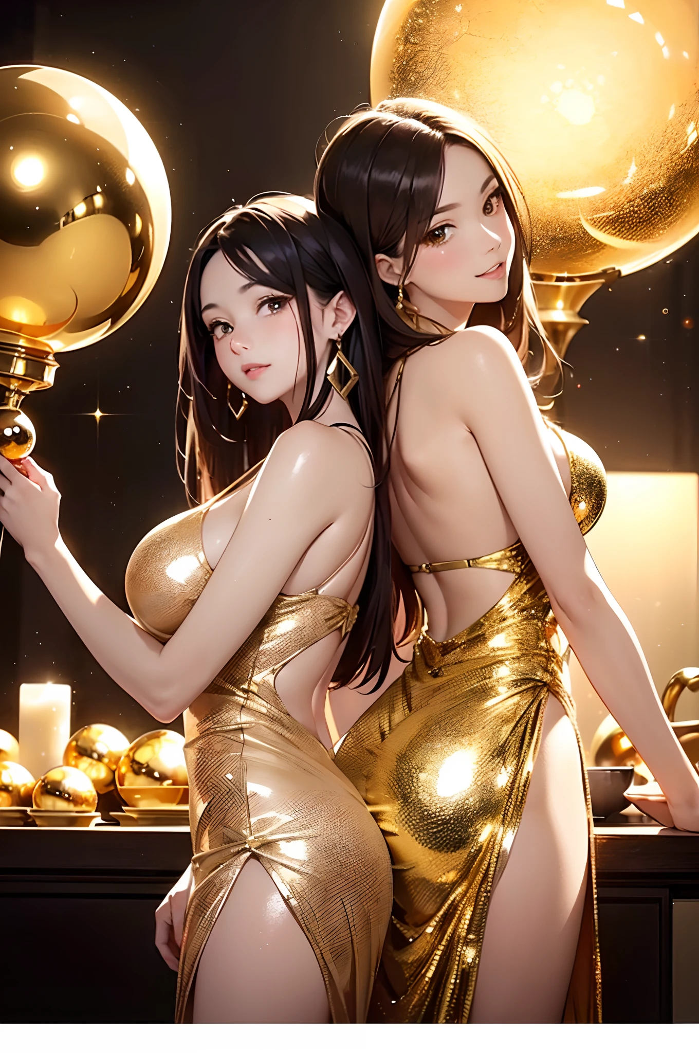 (masterpiece1.5),hyper quality, Hyper Detailed,Perfect drawing,
two women standing (next to each other:1.3) , multiple girls,2girls,looking at viewer, looking back, (back-to-back:1.4)((very Bigger breasts)),kawaii ,With smiling eyes,(((Beautiful dress in gold color))),(Beautiful lingerie),(((Luxurious Gold Dress))). (((Shiny giant golden sphere))),3D,16K illustrations,((clearface)),Hi-Res,nice background、(((beatiful backgrounds)))、(((Detailed drawing)))、Perfect Beautiful Girl、(((Perfect Photo)))、kirakira、shiny、illustrious、golden colored、gold、Golden Jade、Dazzling、Reflectors、a gorgeous、high-class sense