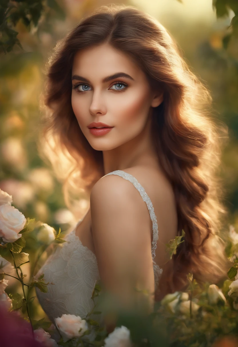 A girl in a garden,medium:illustration,beautiful detailed eyes,beautiful detailed lips,extremely detailed eyes and face,longeyelashes,highres,ultra-detailed,photorealistic,vivid colors,bokeh,portraits,warm tones,soft lighting