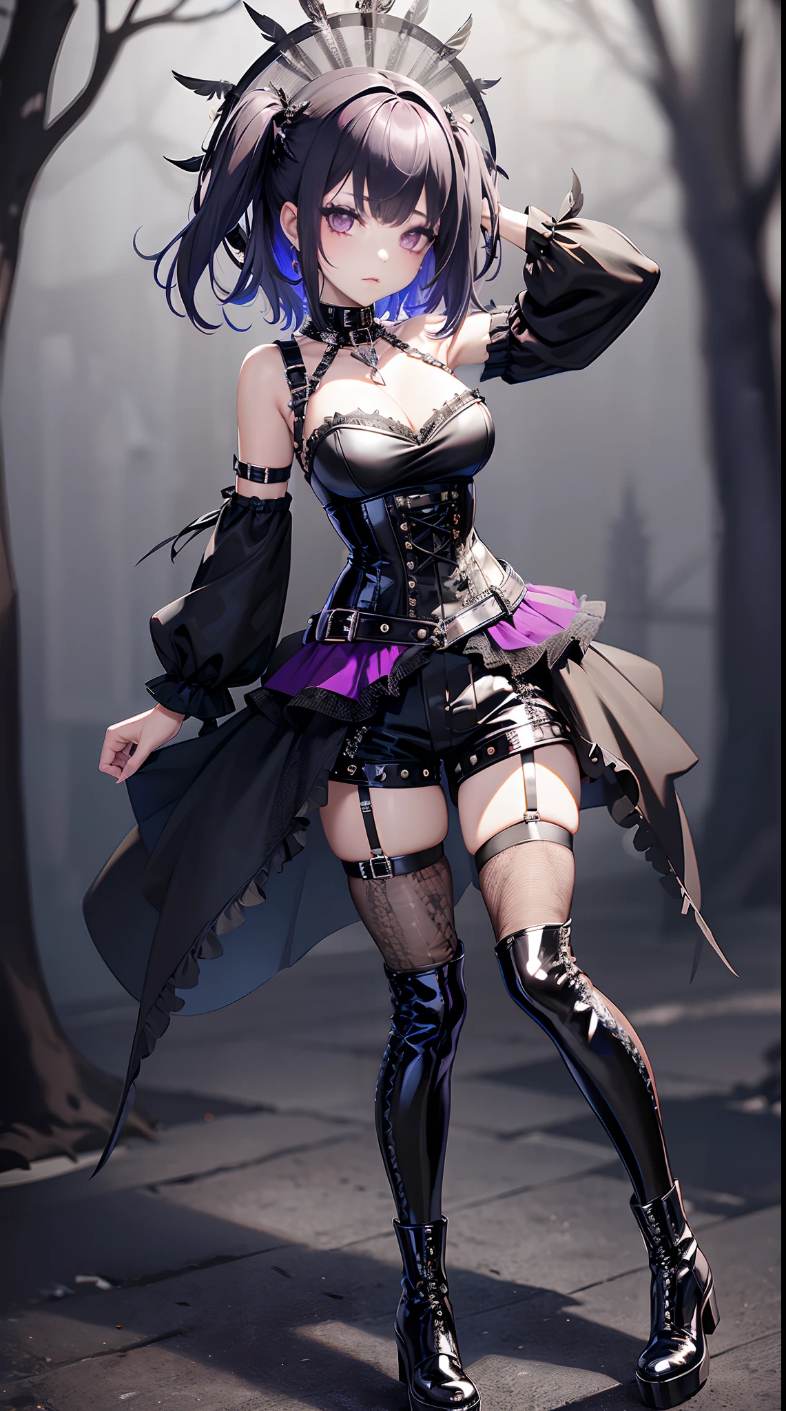 Goth Gals,She wears a studded PVC corset,There are feathers on the shoulders, kneehigh boots,(fish net leggings).