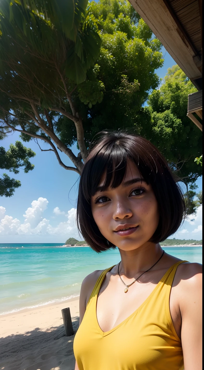 Capture a carefree and bohemian-inspired portrait of the Malay woman on a beach, yellow short hair with baby bob bangs haircut, wearing a flowing outfit, and striking a relaxed, sun-kissed pose against the sea and sky.