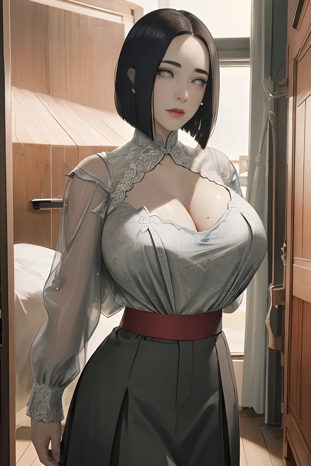 (((short detailed hair))))((Ballet))))(((Emotional movement))))Comb the hair on one side，Transparent top，((Strangling feeling))，dual horsetail(((Emotive expressions, (((gigantic cleavage breasts,))), ))))model posing ，Lace，((((Forehead))))In a colorful fantasy realism style, kawaii art, yanjun cheng, Glowing portrait, Realistic hyper-detail, cute cartoon design, dollcore，Forehead, Asymmetrical hair, alternate hairstyle, hair slicked back, diagonal bangs, Blunt bangs, sweeping bangs, (((Moles under eyes))),，What impressed her the most was the mole under her eyes，The clothes are gorgeous and intricate，The background is complex and cumbersome，，8K，a sense of atmosphere，cabelos preto e longos，on cheongsam，Show your figure，Red lip stain，The hairpin hangs gorgeously，Roses bloom，Excellent figure，The proportions of the body and head are coordinated，独奏((((校服))))，a deep green pleated skirt，