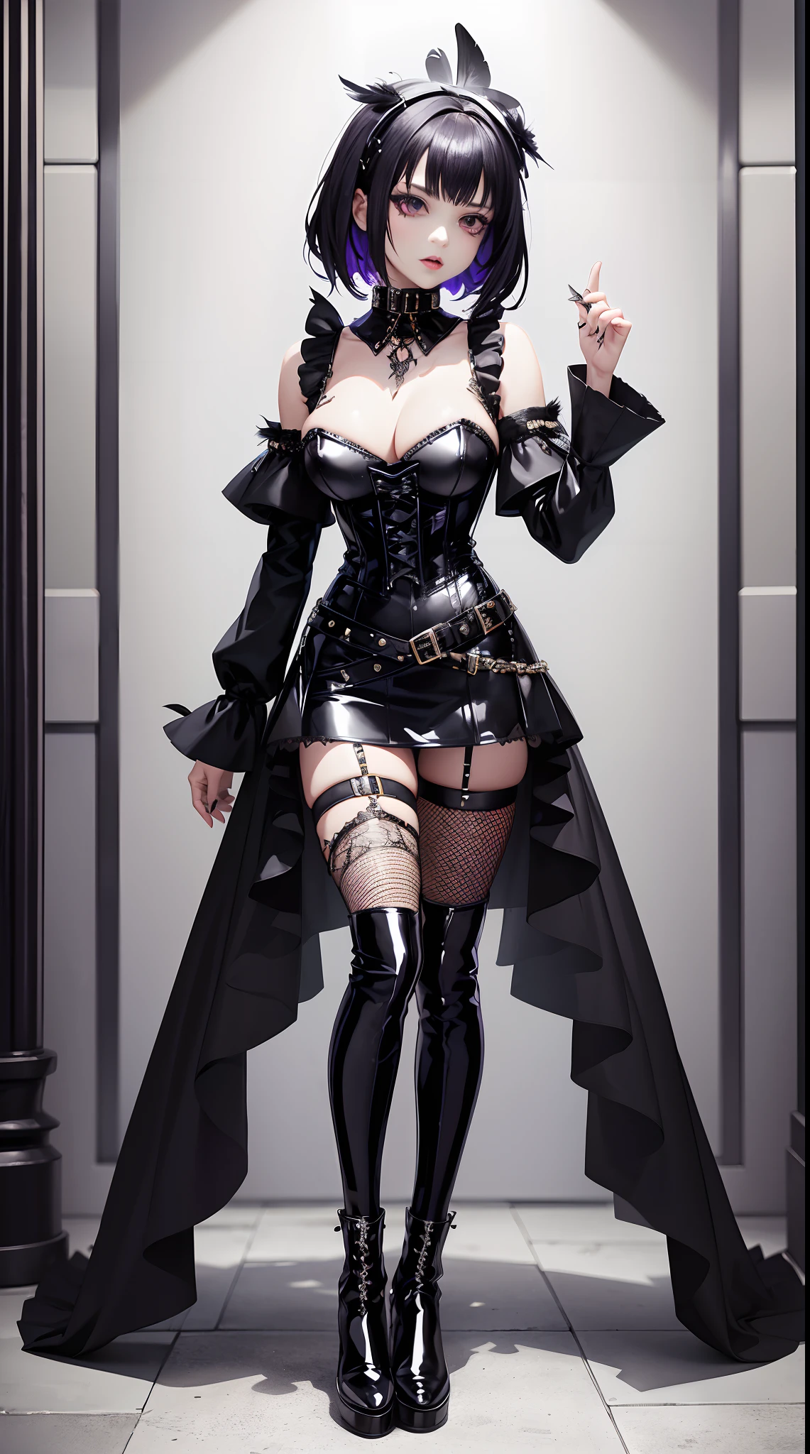 Goth Gals,She wears a studded PVC corset，There are feathers on the shoulders, kneehigh boots，(fish net leggings).