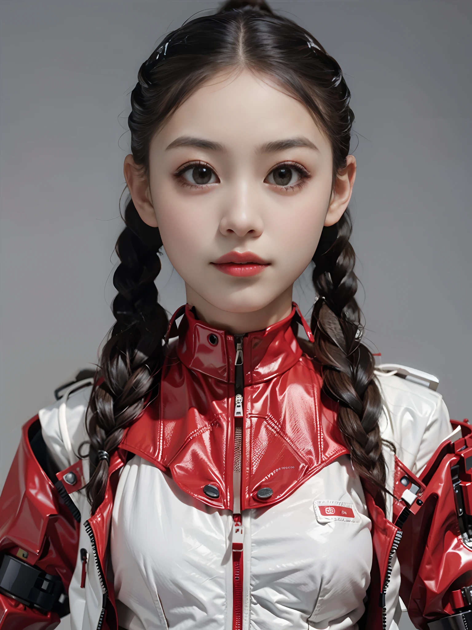 1 beautiful woman,Wearing a red and yellow crossover sports suit,bulletproof vest,Twist braids,little breast,cyber punk perssonage,greybackground