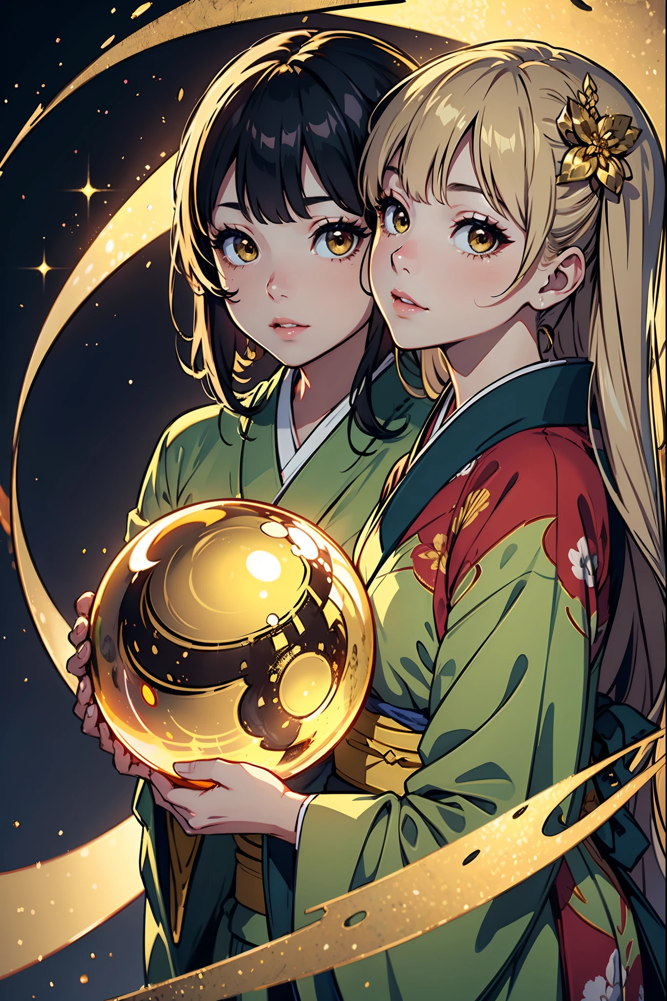 (masterpiece1.5),hyper quality, Hyper Detailed,Perfect drawing,(((Beautiful girl in kimono kissing huge golden sphere)))、1girl in,A dark-haired、3D,16K illustrations,((clearface)),Hi-Res,nice background、(((beatiful backgrounds)))、(((Detailed drawing)))、Perfect Beautiful Girl、(((Perfect Photo)))、kirakira、shiny、illustrious、golden colored、gold、Golden Jade、Dazzling、Reflectors、a gorgeous、high-class sense