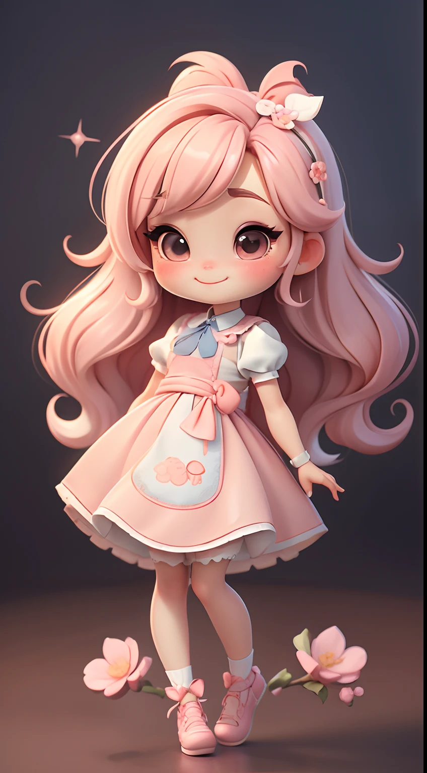 Create a loli baby chibi version of Peach Blossom character in 8K resolution.

Chibi Peach Alice doll: She should look cute, Keep the iconic elements of the original character. Peach Blossom Alice Chibi must have a round face，A pair of big bright eyes, Long eyelashes and rosy cheeks. Your hair should be short，Bright pale pink or powdery white.

Cute pink peach blossom dress: Put Peach Alice Chibi in a cute elegant dress in pink or white tones. The dress may have peach lace, Peach blossom lace and everyday theme details. Add a ring or ribbon，Add a touch of sophistication.

Aprons and arches: Add a white apron to Peach Blossom Alice Chibi's dress, Tie it around your waist with a delicate bow. The apron may have small details，Such as pockets or subtle embroidery.

Cute socks and shoes: Complete the look of Alice Chibi with blue and white striped socks or interesting details. On the feet, Put on cute doll shoes, Ties or buckles.

magical accessories: Add cute accessories to Peaches Alice Chibi, Like a bow in your hair or a peach blossom branch with details of an everyday theme. You can also add cute themed accessories in your hands.

Make sure to add a shadow, Texture and detail of hair, Alice Chibi's clothes and accessories，Make her more cute and charming. Give him a smiling look and a sweet smile, Capture the essence of the character in a delicate and captivating way.