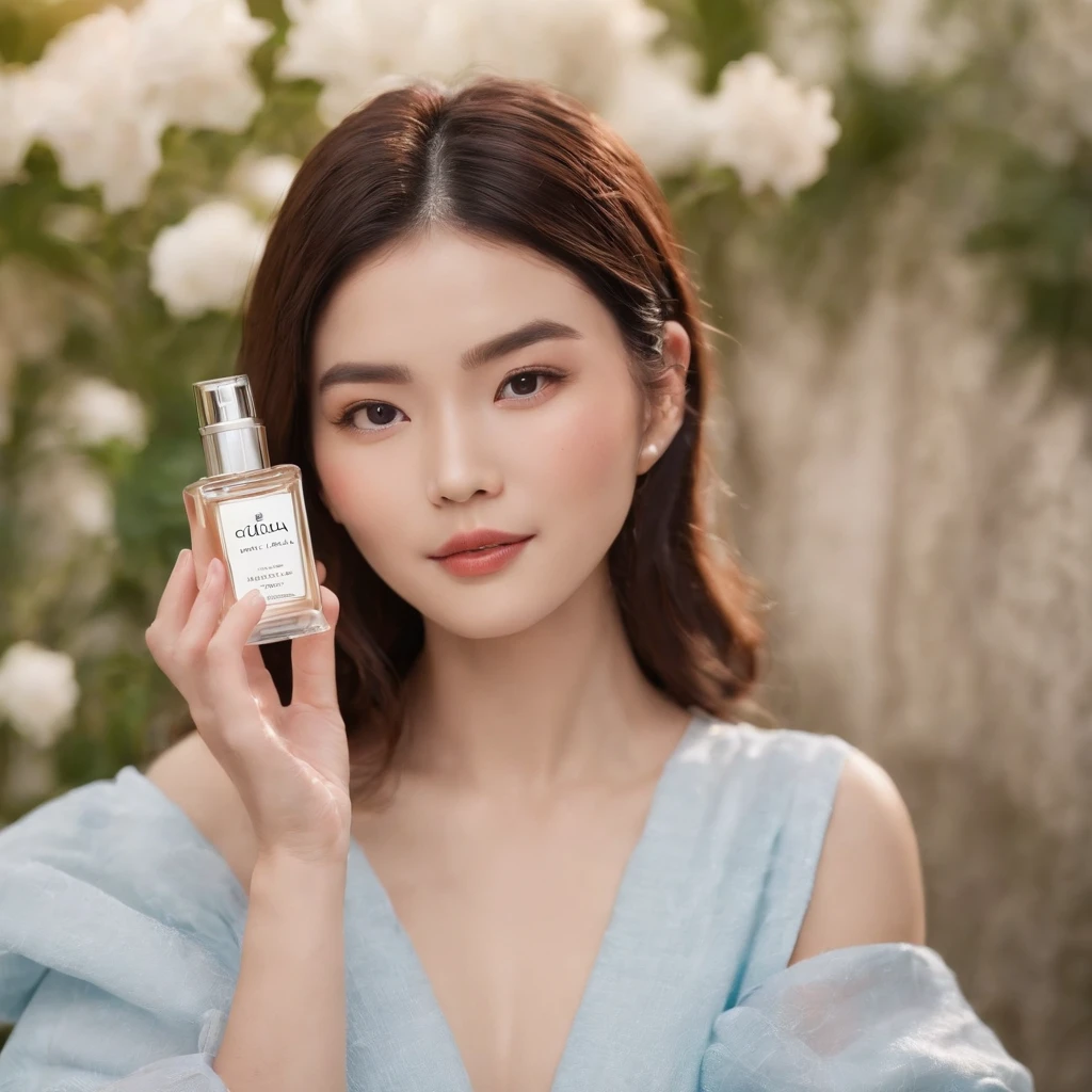 Beautiful japanese woman holds a bottle of perfume in both hands，with brand name is CHANNEL,  Take photos for skincare brands，beauty campaign，H3H3，Taoist，shot of，beauty retouch，Cool and bright tones，Dua Lipa，Official Product Pictures，inspired by Luo Ping，clean face and body skin