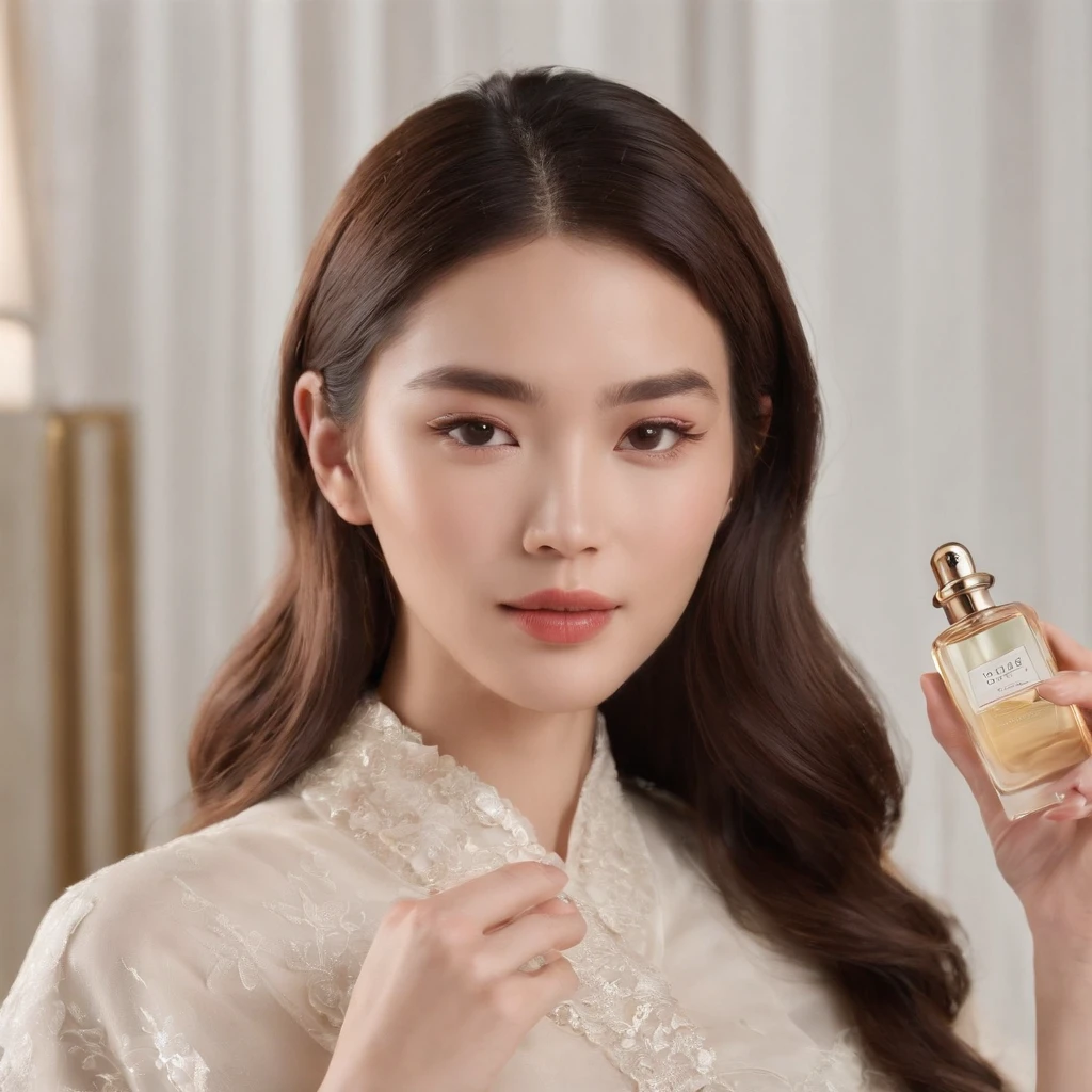 Beautiful japanese woman holds a bottle of perfume in both hands,with brand name is CHANNEL, Take photos for skincare brands,beauty campaign,H3H3,Taoist,shot of,beauty retouch,Cool and bright tones,Dua Lipa,Official Product Pictures,inspired by Luo Ping,clean face and body skin