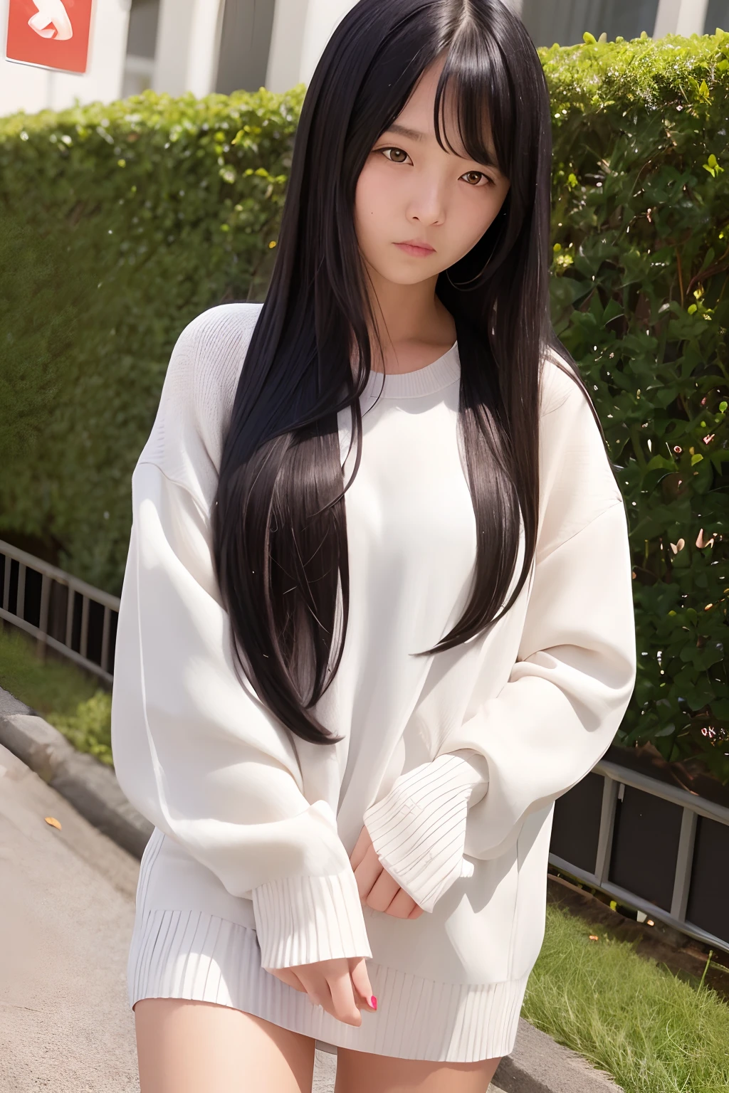 girl,21 years old,Long hair, Black hair, (embarrassed from:1.3),Slim Girl,Girlish fashion,Fashionable