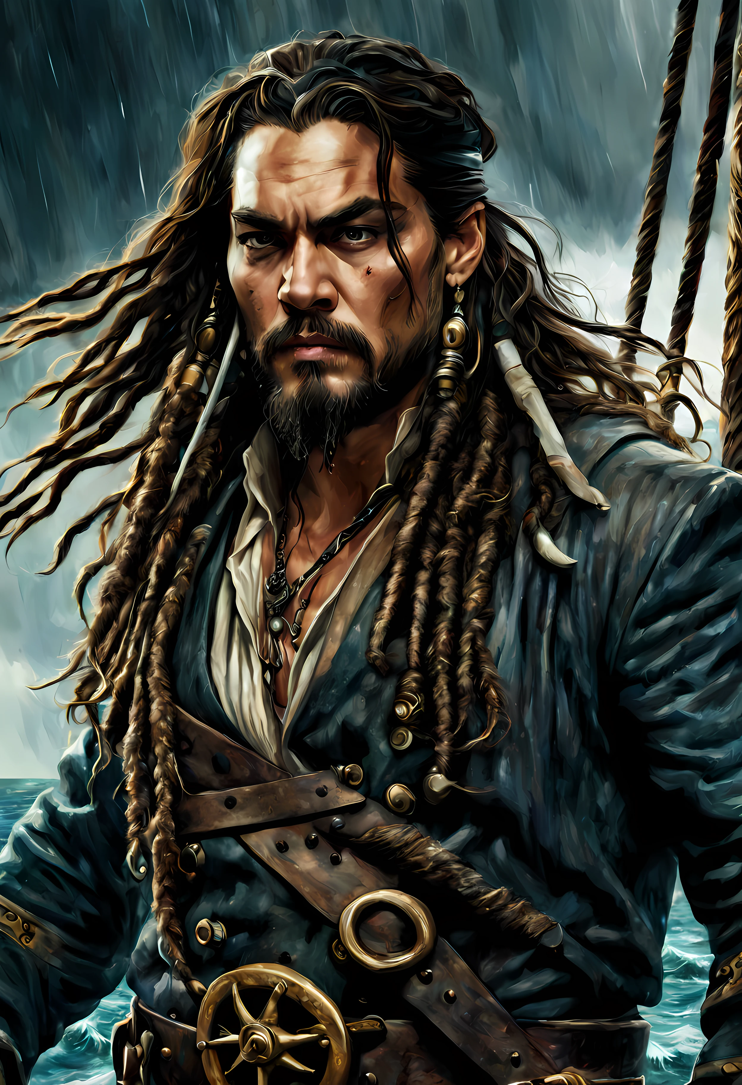 digital painting of (Jason Mamoa) as captain jack sparrow on a ship at sea during a storm, medium shot, detailed face, high quality masterpiece, high saturation