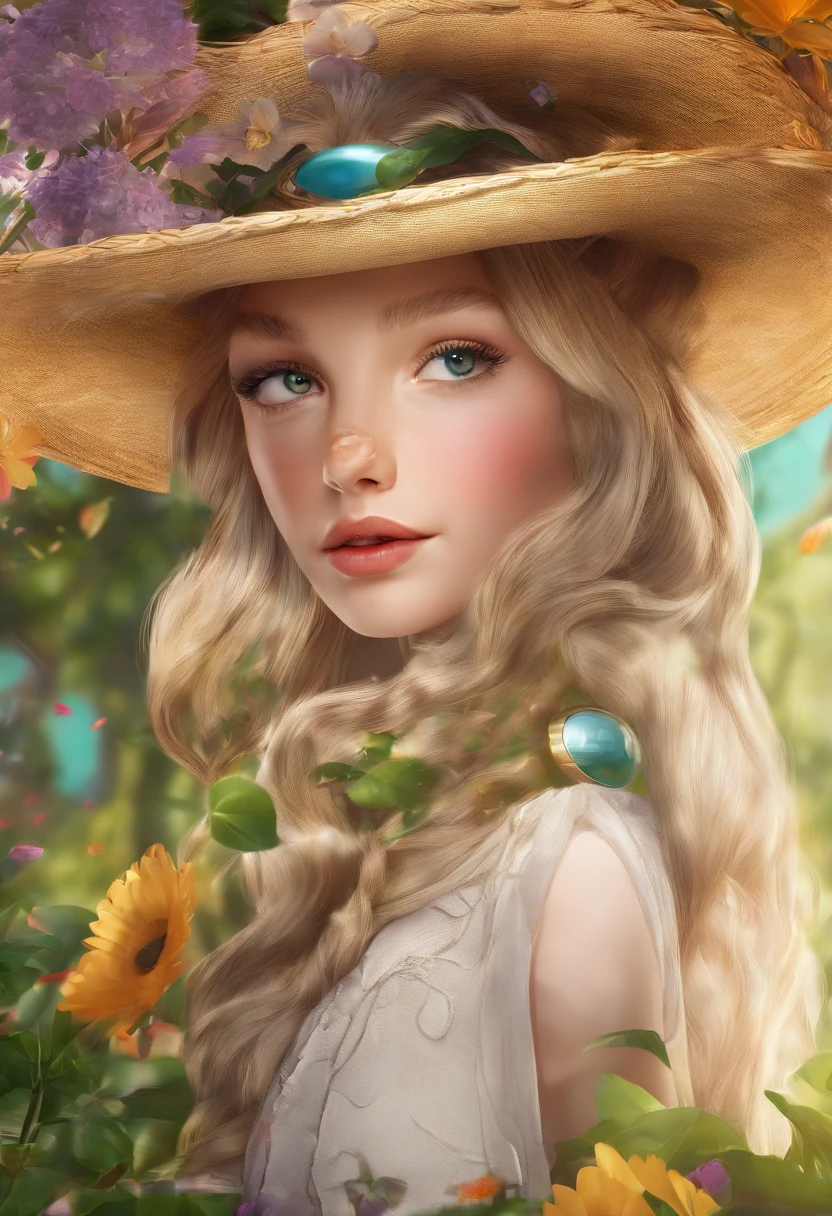 uma menina em um jardim,medium:illustration,belos olhos detalhados,beautiful detailed lips,olhos e rosto extremamente detalhados,long eyeslashes,Altas,ultra-detalhado,fotorrealista,vivid colors,Bokeh,Retratos,tons quentes,soft lighting