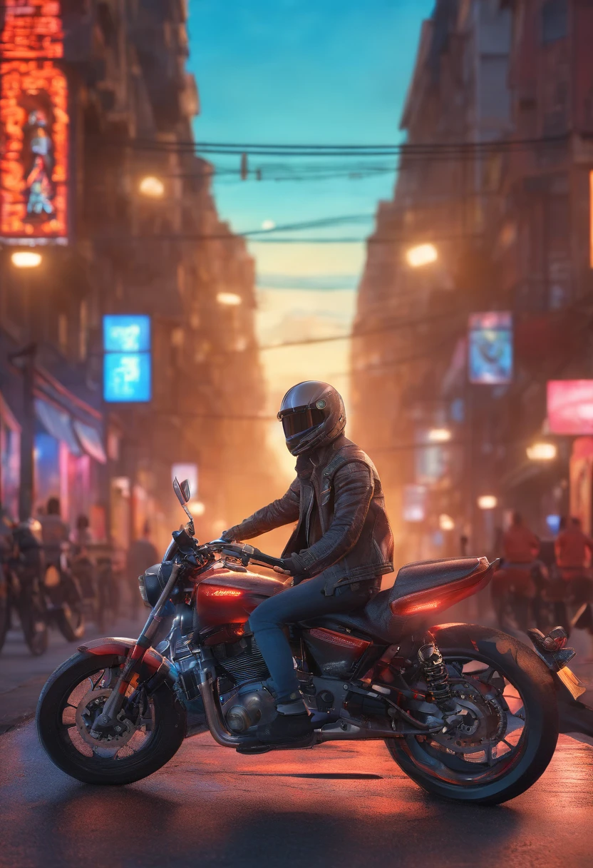 A person sitting on a motorcycle, portrait, vibrant colors, realistic, detailed eyes and face, leather jacket, confident expression, urban background, sunset lighting, cityscape, street art, urban lifestyle. (best quality, highres), HDR, sharp focus, bokeh.