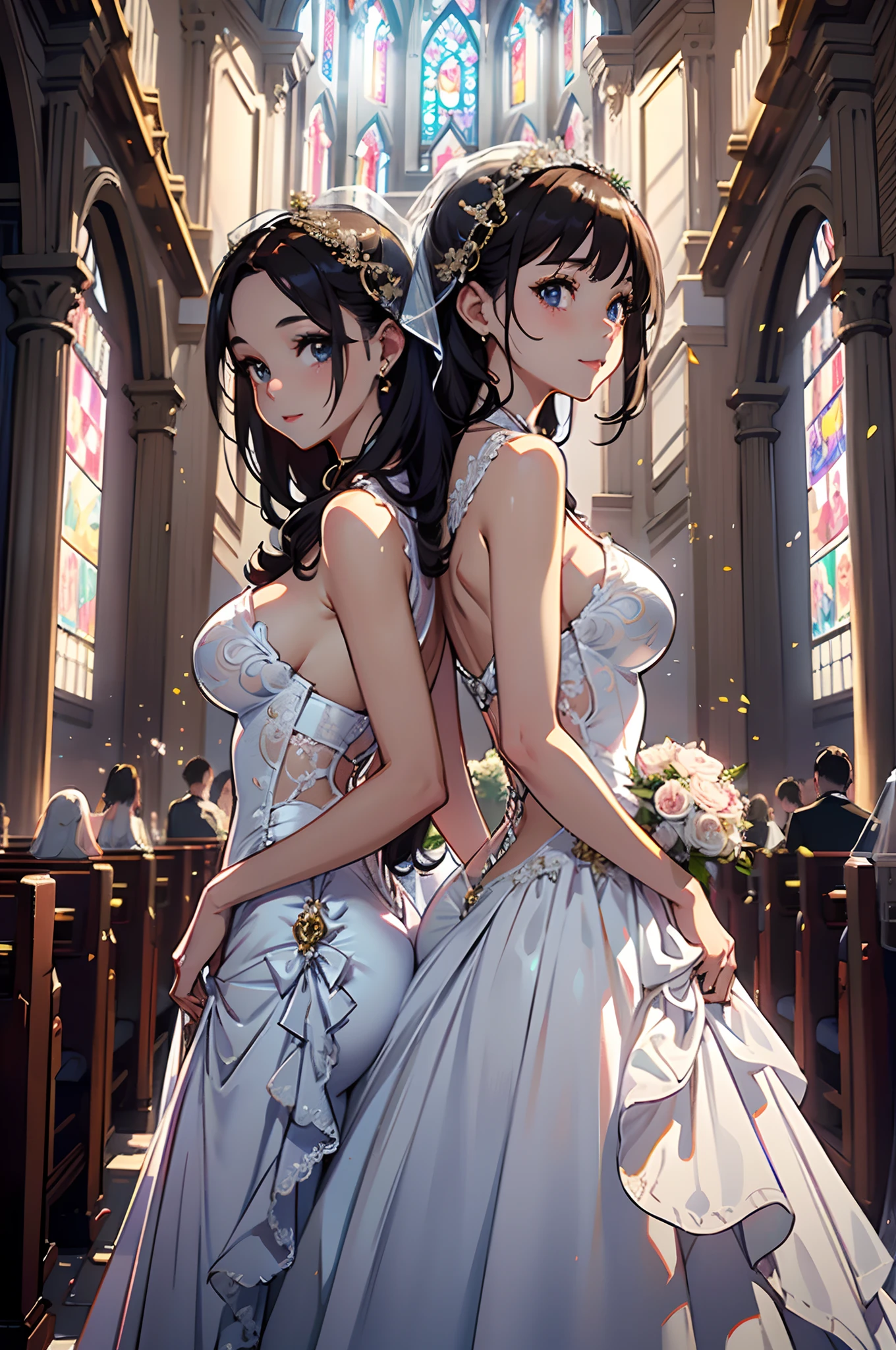 (masterpiece1.5),hyper quality, Hyper Detailed,Perfect drawing,2girls,((very Bigger breasts)),kawaii ,With smiling eyes,(((Beautiful Wedding Dresses))),(Beautiful ornaments),(((Luxurious costumes))). (((Glossy fabric))),。.3D,16K illustrations,((clearface)),Hi-Res,nice background、(((beatiful backgrounds)))、(((Detailed drawing)))、Perfect Beautiful Girl、(((Perfect Photo)))、kirakira、shiny、illustrious、Golden Jade、Dazzling、Reflectors、a gorgeous、high-class sense