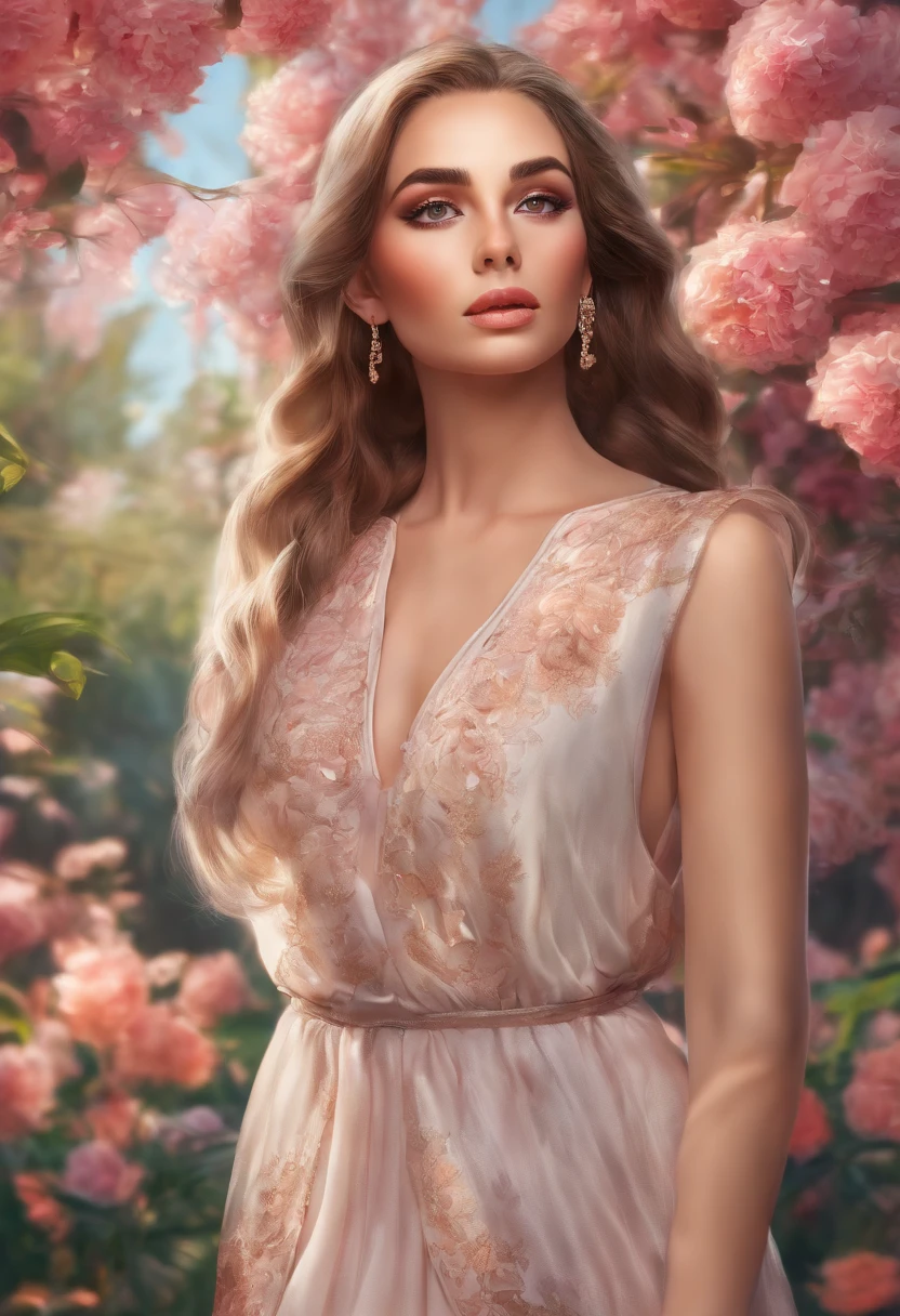 A girl in a garden,medium:illustration,beautiful detailed eyes,beautiful detailed lips,extremely detailed eyes and face,longeyelashes,highres,ultra-detailed,photorealistic,vivid colors,bokeh,portraits,warm tones,soft lighting