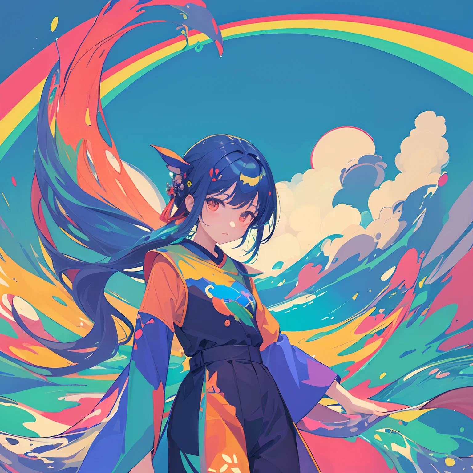 (masterpiece、top-quality:1.3)、(flat-colors:1.3)、(colourfull:1.3)、looking at the viewers、1girl in、独奏、Colorful water floating、(2D:1.3)、Glamorous T-shirt、short trousers --auto