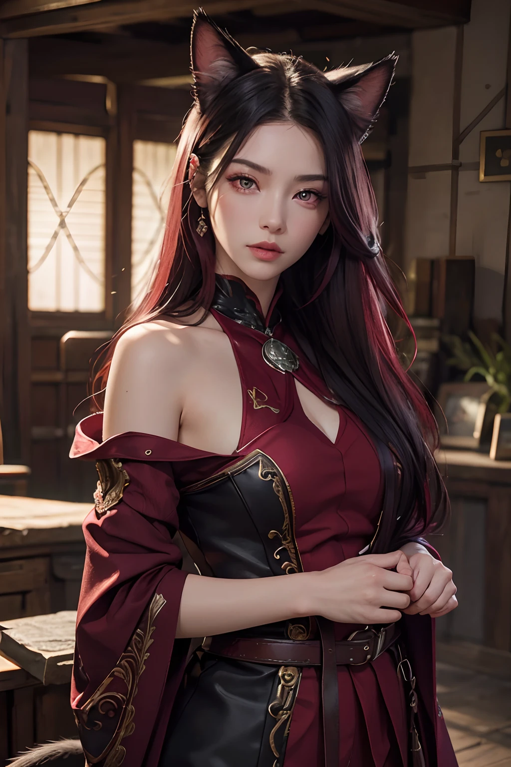 Best Quality, 超High Resolution, (Photorealistic:1.3), RAW photo, 1Ginshina, 30 years, fine details, ((Bright Red Eyes)), ((burgundy eye shadow)), Blue-black hair, cat ears, cat tail, Masterpiece, Resolute posture, Resolute posture, Posing, Adventurer's Costume, Adventurer's clothes, Long manicure, Fabric exposure, beautiful detail eyes, beautiful detailed lips, long eyelashes, Noble atmosphere, Royal Charisma.