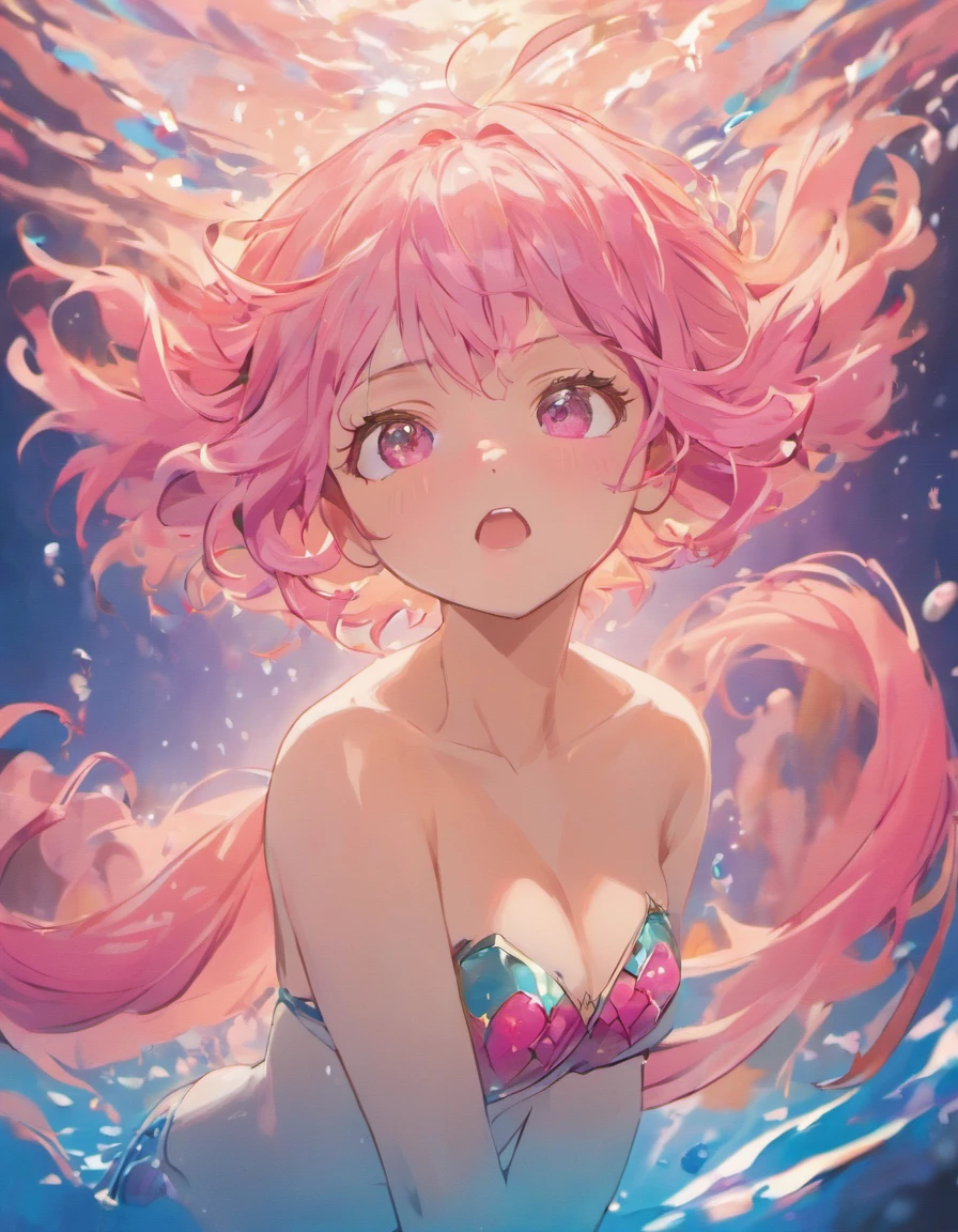 (best quality,4k,8k,highres,masterpiece:1.2),ultra-detailed,(realistic,photorealistic,photo-realistic:1.37),Mermaid with pink hair closed eyes covering breasts, pink background,
illustration,portraits,vivid colors,soft lighting