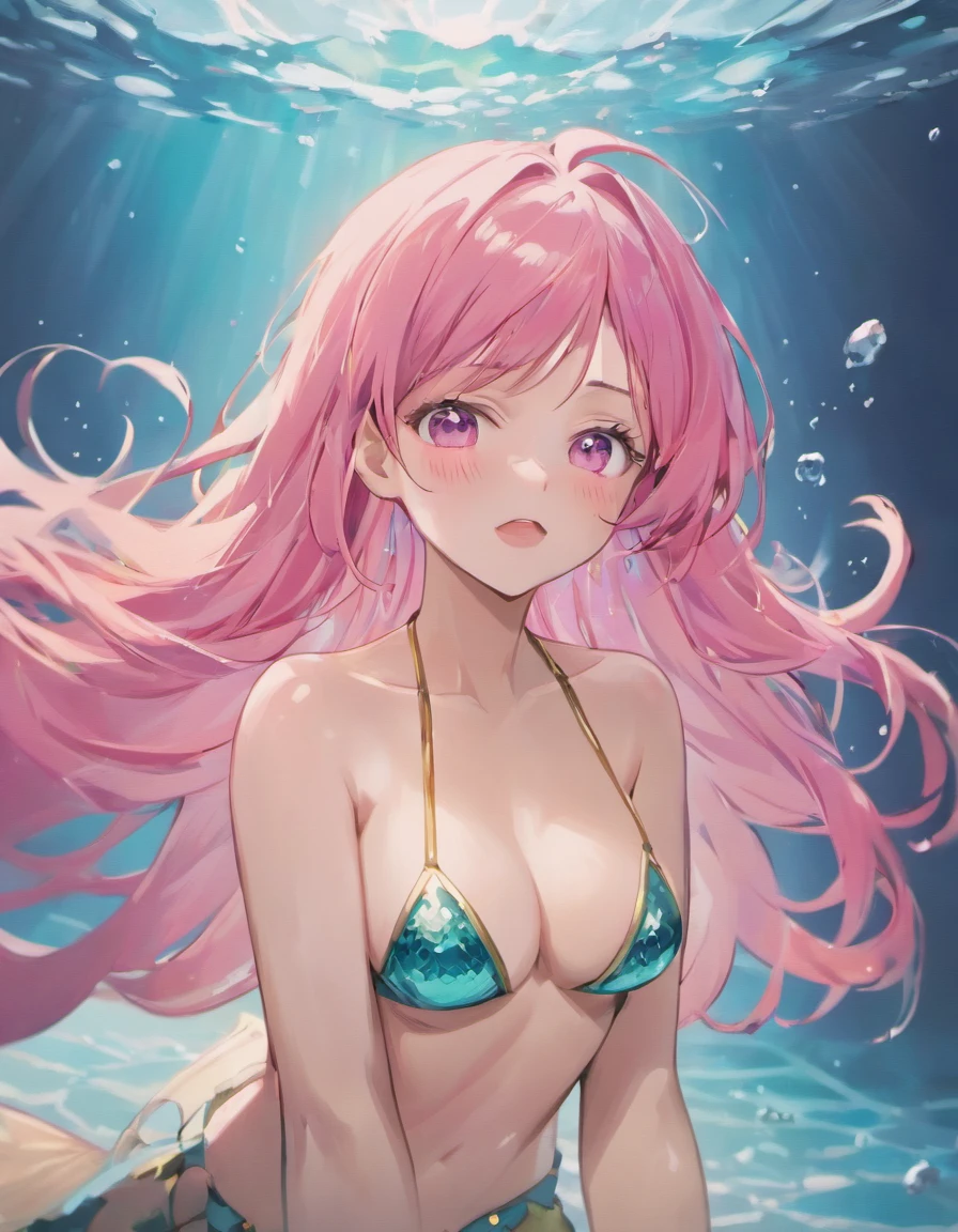 (best quality,4k,8k,highres,masterpiece:1.2),ultra-detailed,(realistic,photorealistic,photo-realistic:1.37),Mermaid with pink hair closed eyes covering breasts, pink background,
illustration,portraits,vivid colors,soft lighting