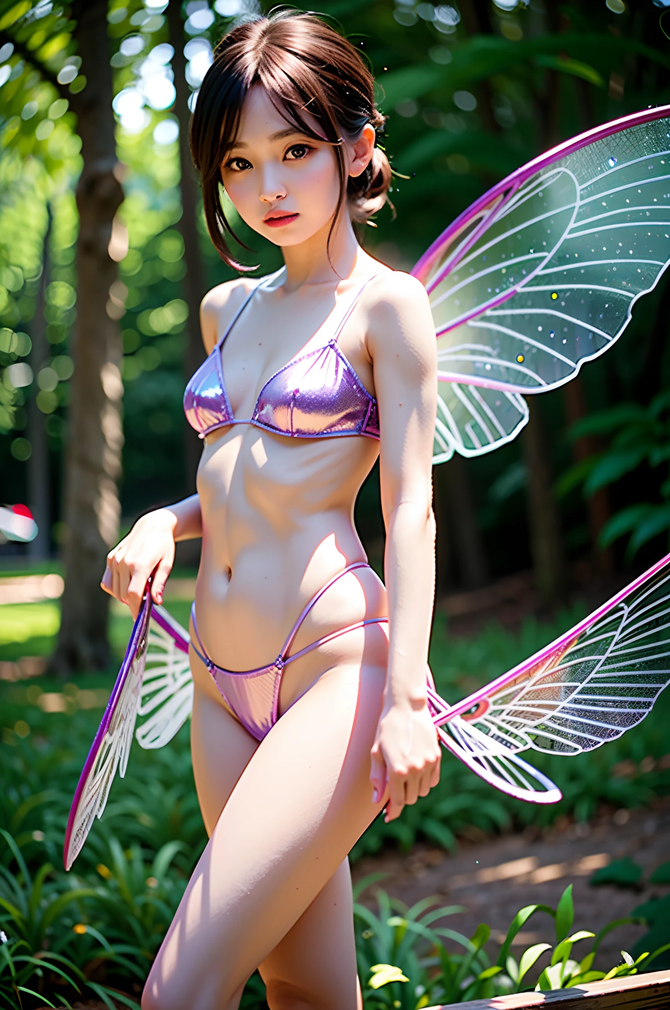 masterpiece, top-quality、Raw foto, Photorealsitic、one fairy、(The wings are transparent and sparkly, Like the wings of an insect:1.3)、The fairy has a body that looks completely like a -yeld giSmaller chest、unbelievable Ridiculous、depth of fields, hight resolution, ultra-detailliert, foco nítido, Cinematic lighting、Add highlights to the eyes