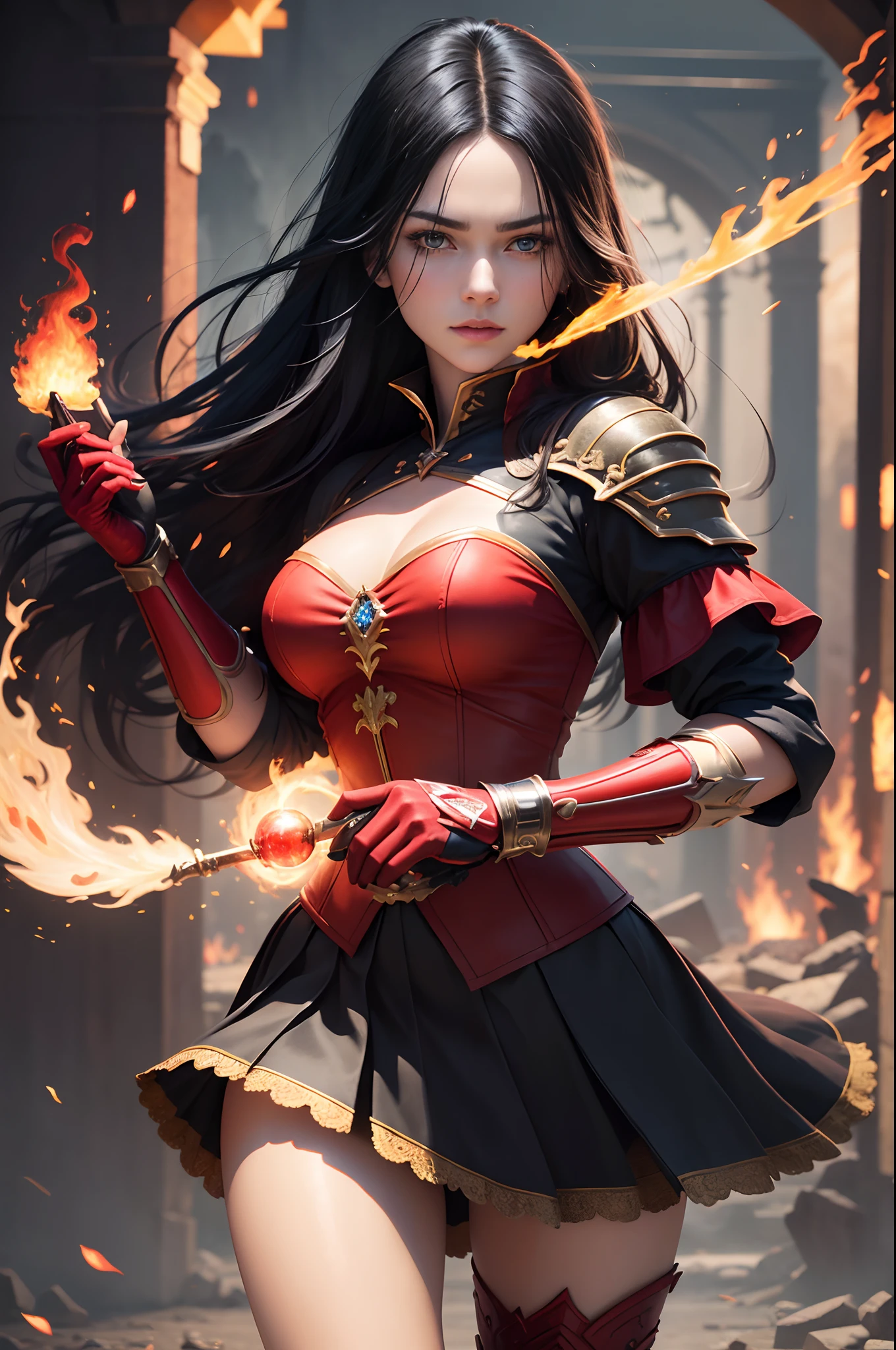 ((Best Quality)), ((masutepiece)), ((Realistic)), Celtic witch, Witch, artistic anatomic hands, Artistic anatomy, Glowing blue eyes, Female face, , Trending on ArtStation, Sharp Focus, studio photo, Intricate details, Very detailed, Detailed eyes, Illustration, Very detailed, Red and Black Witch Costume,Sharp Focus, a digital rendering, Professional, 8K　Beautiful expression　超A high resolution　real looking skin　Colorful effects of magic circles behind,in woods,Super beauty(Jaws like the real thing)