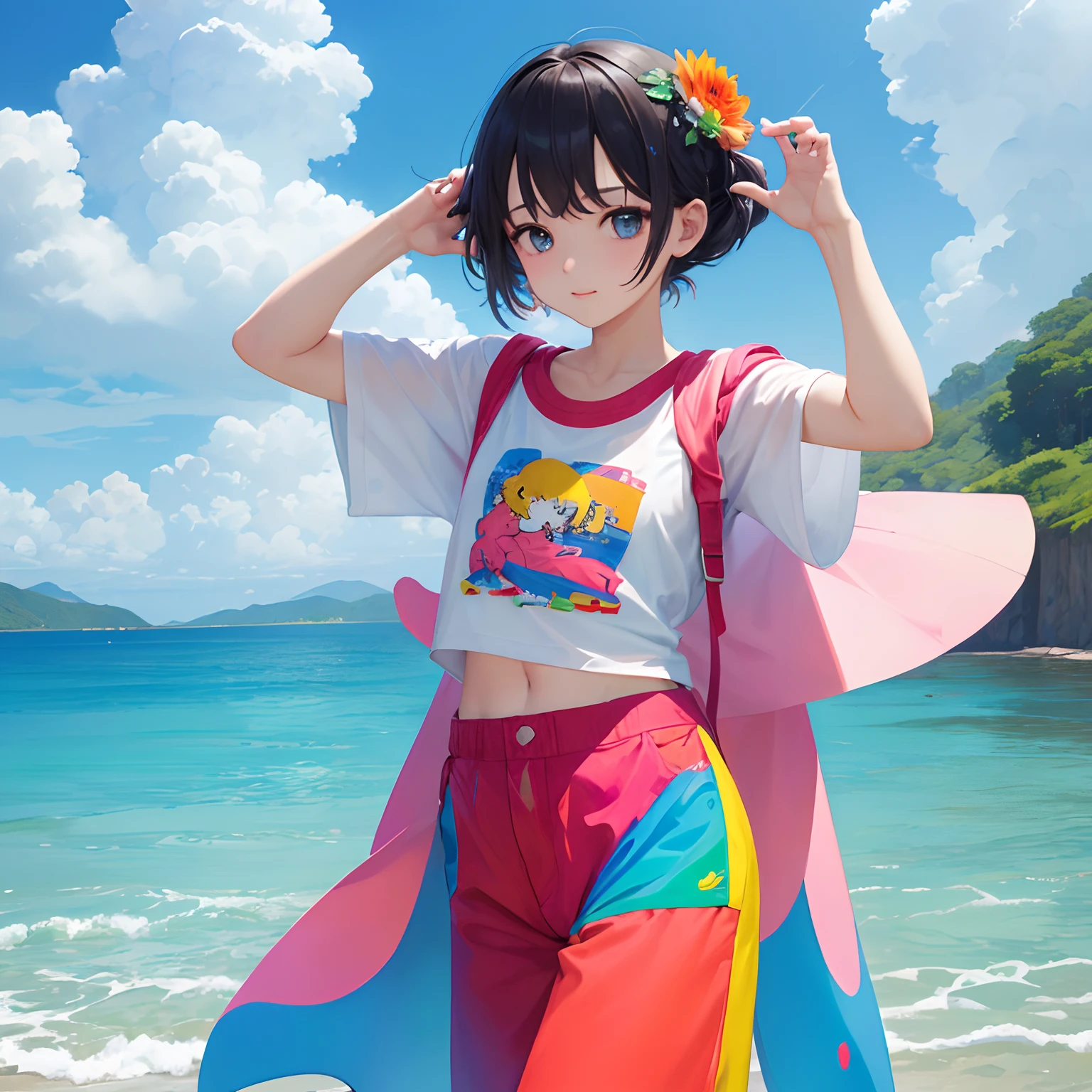(masterpiece、top-quality:1.3)、(flat-colors:1.3)、(colourfull:1.3)、looking at the viewers、1girl in、独奏、Colorful water floating、(2D:1.3)、Glamorous T-shirt、short trousers --auto