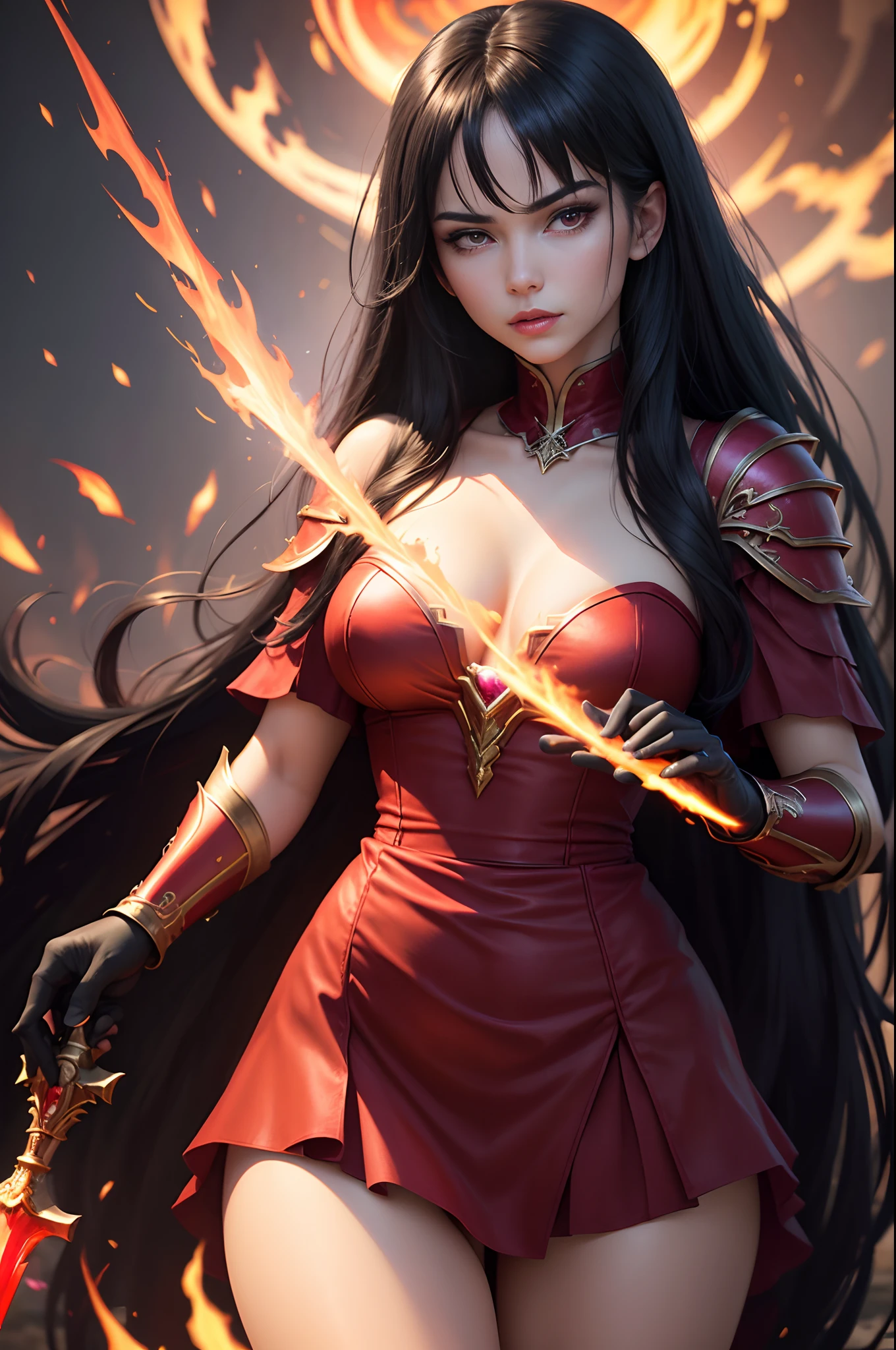 ((Best Quality)), ((masutepiece)), ((Realistic)), Celtic witch, Witch, artistic anatomic hands, Artistic anatomy, Glowing blue eyes, Female face, , Trending on ArtStation, Sharp Focus, studio photo, Intricate details, Very detailed, Detailed eyes, Illustration, Very detailed, Red and Black Witch Costume,Sharp Focus, a digital rendering, Professional, 8K　Beautiful expression　超A high resolution　real looking skin　Colorful effects of magic circles behind,in woods,Super beauty(Jaws like the real thing)