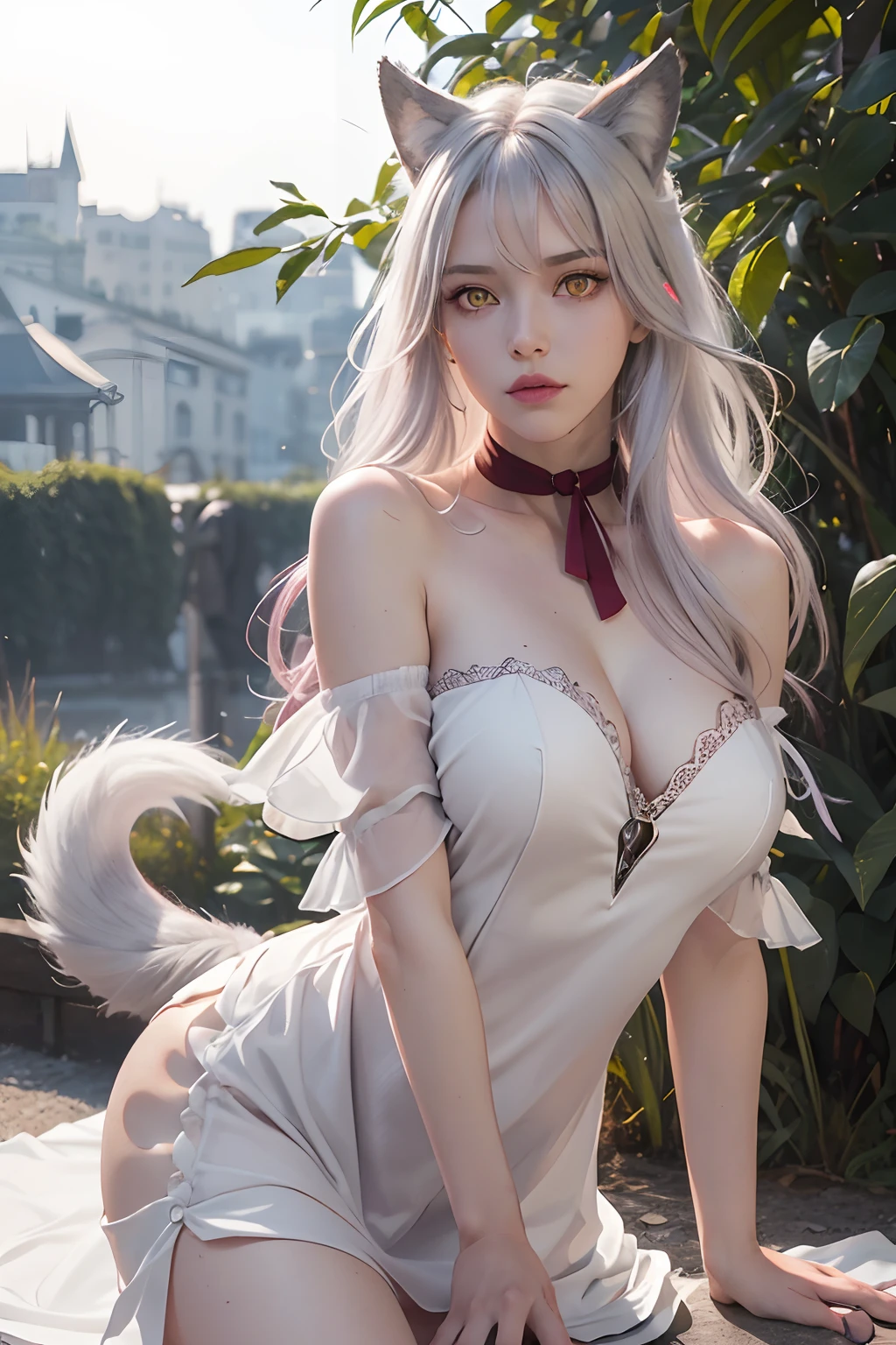 Best Quality, 超High Resolution, (Photorealistic:1.3), RAW photo, 1girl, fine details, ((bright yellow eyes)), ((burgundy eye shadow)), bright white hair, gray gray hair, wolf ears, wolf tail, Masterpiece, NSFW, depraved embarrassed posture, Posing, Innocent Summer White Dress, Opening the shoulder, Long manicure, Fabric exposure,