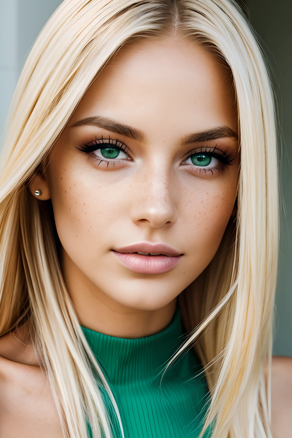 (close-up editorial front photo of 25 yo woman, blonde hair, slim latinas sweetheart), (freckles:0.9), (full lips) close, (yellow-green) eyes, POV, realistic[:, (film grain, 25mm, f/1.2, dof, bokeh, beautiful symmetrical face, perfect sparkling eyes, well defined pupils, high contrast eyes, ultra detailed skin, skin pores, vellus hair, fabric stitching, fabric texture, wood grain, stone texture, finely detailed features:1):0.9]