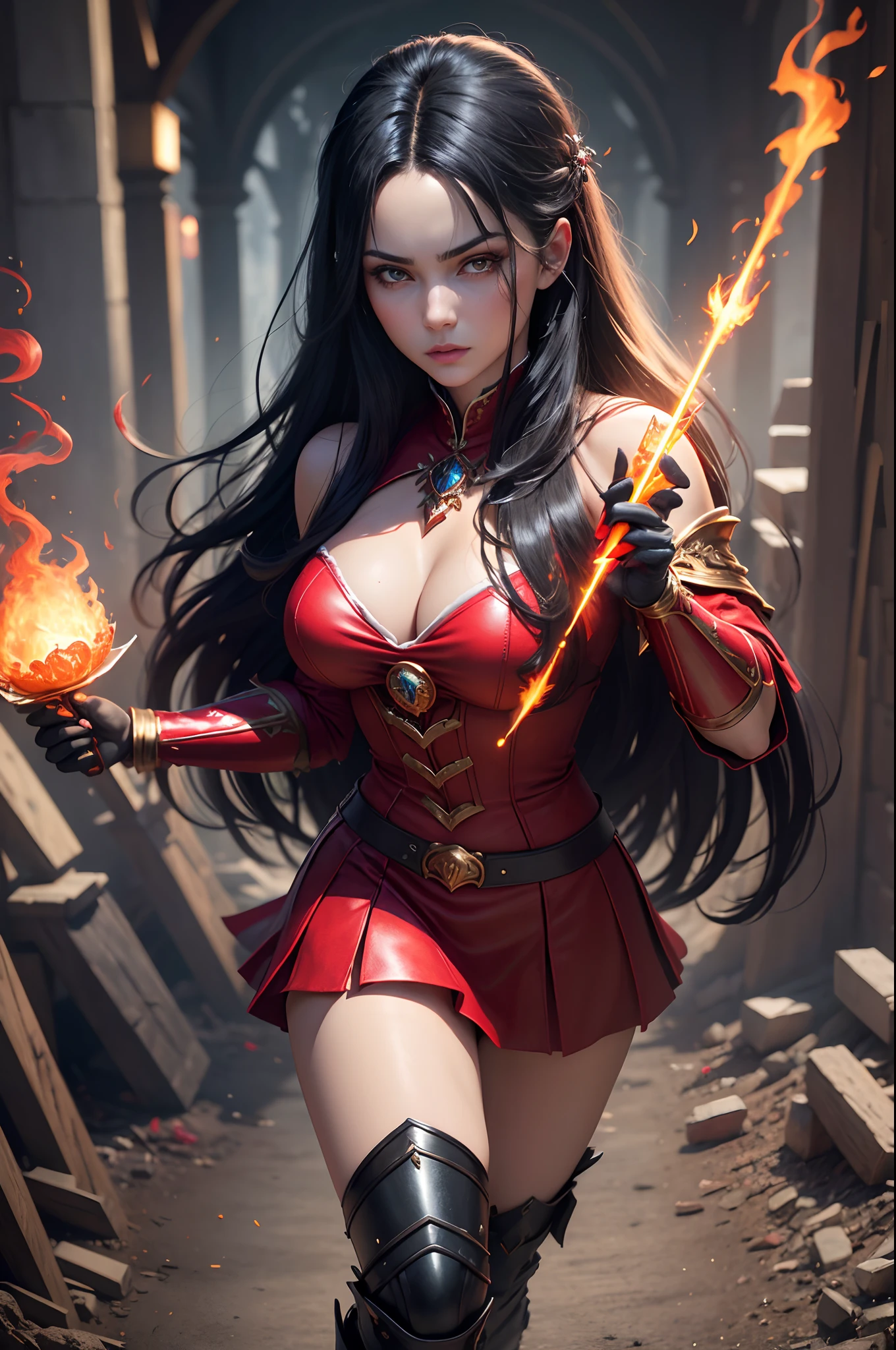((Best Quality)), ((masutepiece)), ((Realistic)), Celtic witch, Witch, artistic anatomic hands, Artistic anatomy, Glowing blue eyes, Female face, , Trending on ArtStation, Sharp Focus, studio photo, Intricate details, Very detailed, Detailed eyes, Illustration, Very detailed, Red and Black Witch Costume,Sharp Focus, a digital rendering, Professional, 8K　Beautiful expression　超A high resolution　real looking skin　Colorful effects of magic circles behind,in woods,Super beauty(Jaws like the real thing)