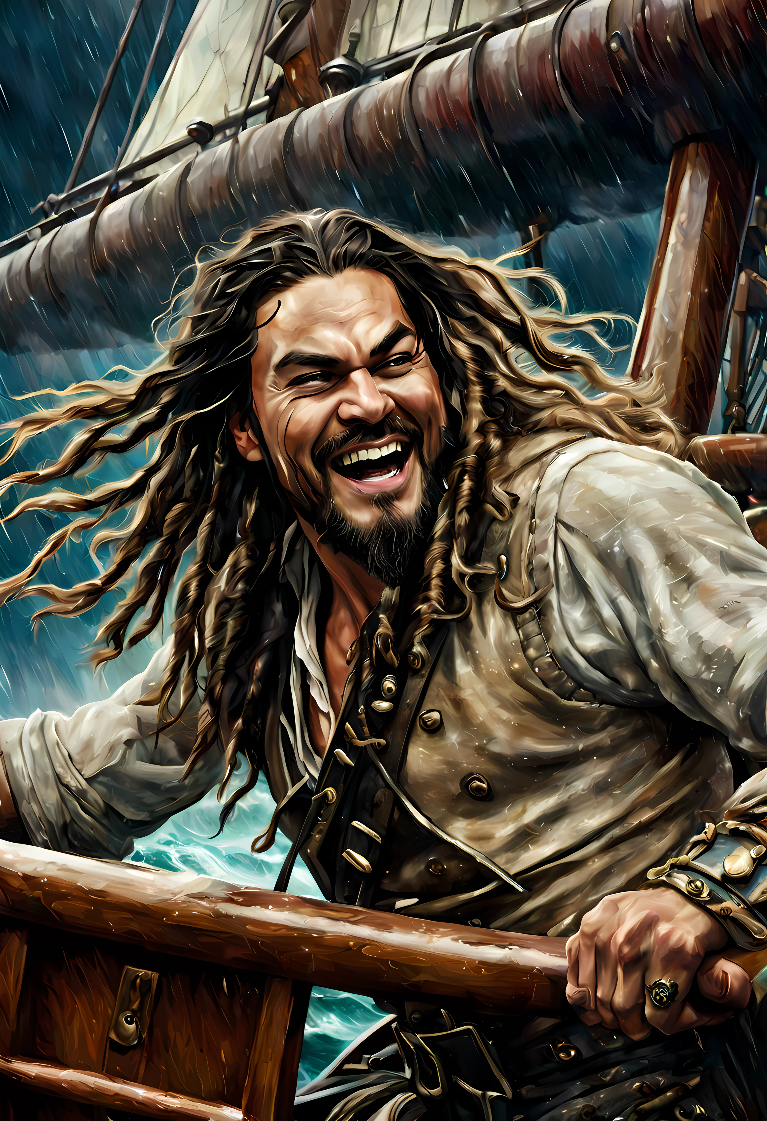 digital painting of (Jason Mamoa) as captain jack sparrow on a ship at sea during a storm, medium shot, laughing, detailed face, high quality masterpiece, high saturation