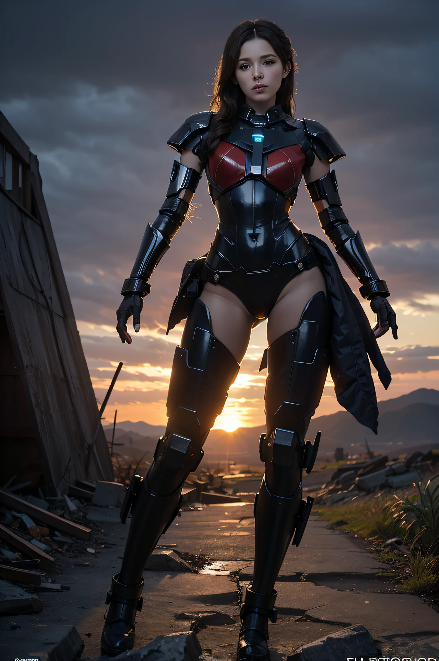 portrait of a sexy girl pilot of a battlemech, bipedal mech is on fire, sunset glow around head, intricate, elegant, highly detailed, digital painting, artstation, concept art, smooth, sharp focus, illustration, art by artgerm and greg rutkowski and alphonse mucha, background is a city in ruins