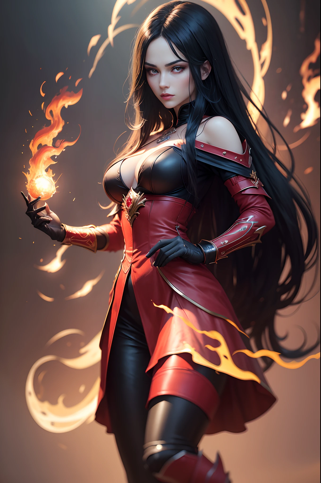 8K,Photorealsitic Raw photography top-quality;1.4) (1 adult female) Super beauty (Lifelike face) long blue-black hair Witch with glowing red eyes Red and white aristocratic appearance Red and white trousers Golden decoration glares With a big magic wand Wearing black leather gloves Ruins Gwaitz style realisitic accurate detail unrealengine Beautiful expression Details of each part A red fireball glows in the palm of your hand(effect) 超A high resolution A hyper-realistic enticing foot armor real looking skin Fantasy Emperor