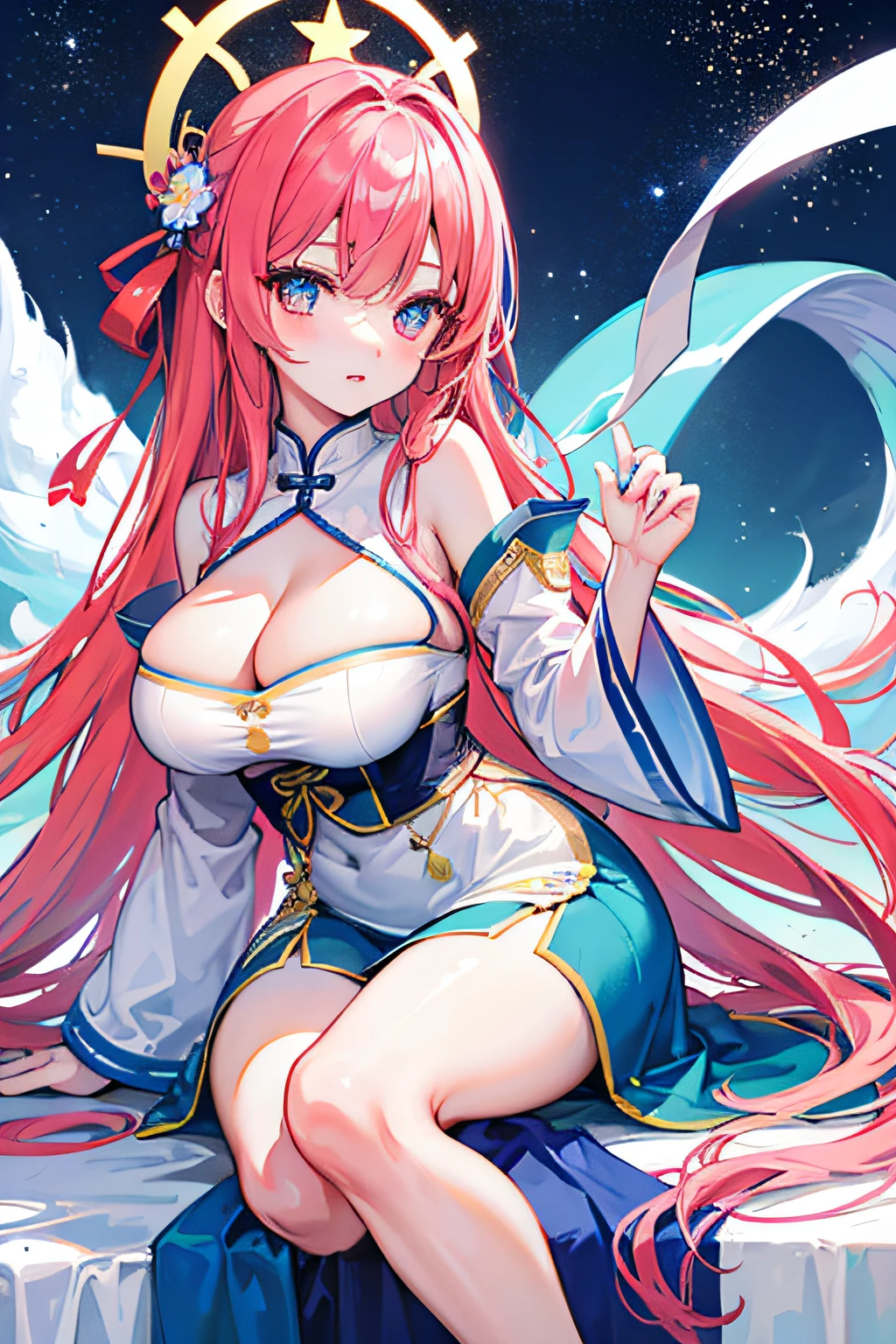 Best quality at best， 超高分辨率， hyper HD，2 Maidens，komono，Noble，full bodyesbian，Look at the stars，Imagine the future，Blue pupil，Lori huge breasts cleavage，big breasts beautiful.