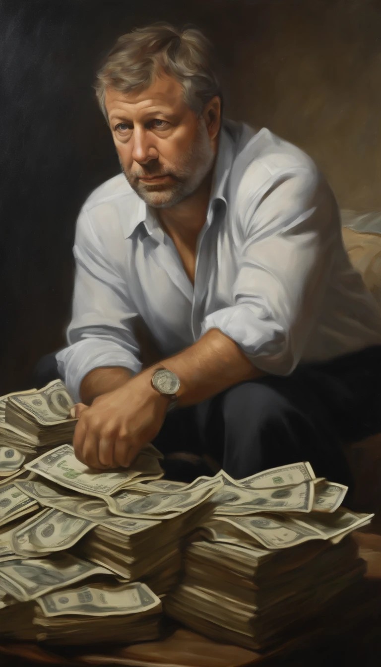 Roman Abramovich em chuva dinheiro, oil painting, pinceladas duras, dramatic lighting, intense expression, Olhos determinados, segurar punhos, suor escorrendo pelo rosto, terno enrugado, Broken streams, Crumbling dollar bills, Chart of the crumbling stock market, Smoke rises in the background, preto e branco com um toque de ouro, Realismo. (best quality, alta resolução, ultra-detalhado), (Realistic:1.37), profissional, vivid colors.