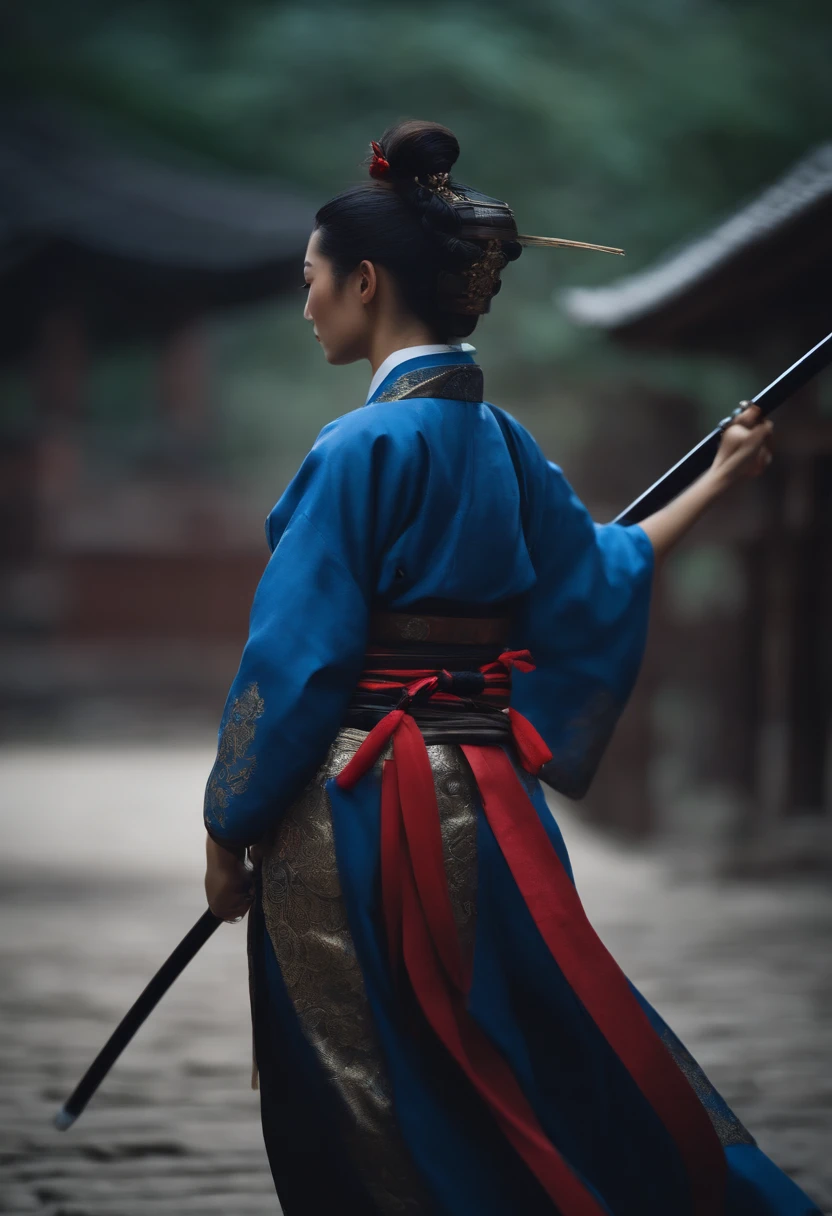samurai femenino realista, cabelo cacheado azul, uzando oculos grande, with stick in hand