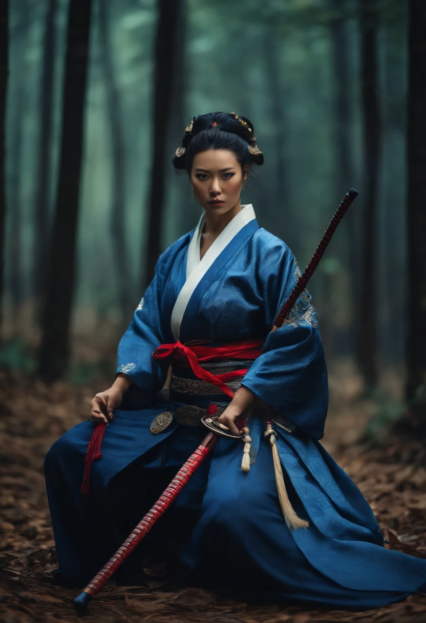 samurai femenino realista, cabelo cacheado azul, uzando oculos grande, with stick in hand