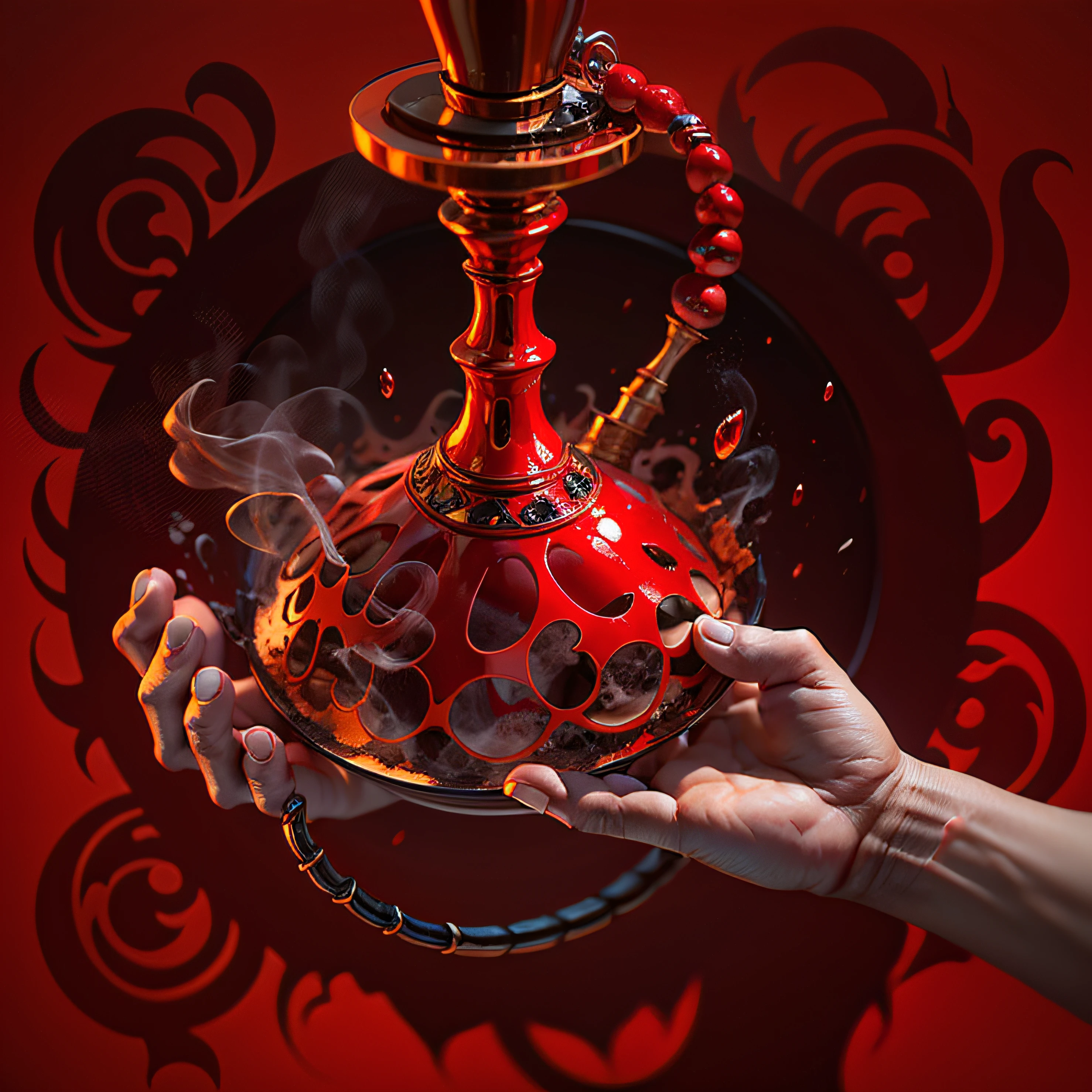 Hookah inside human hand, dangerous, red color, hookah with human blood